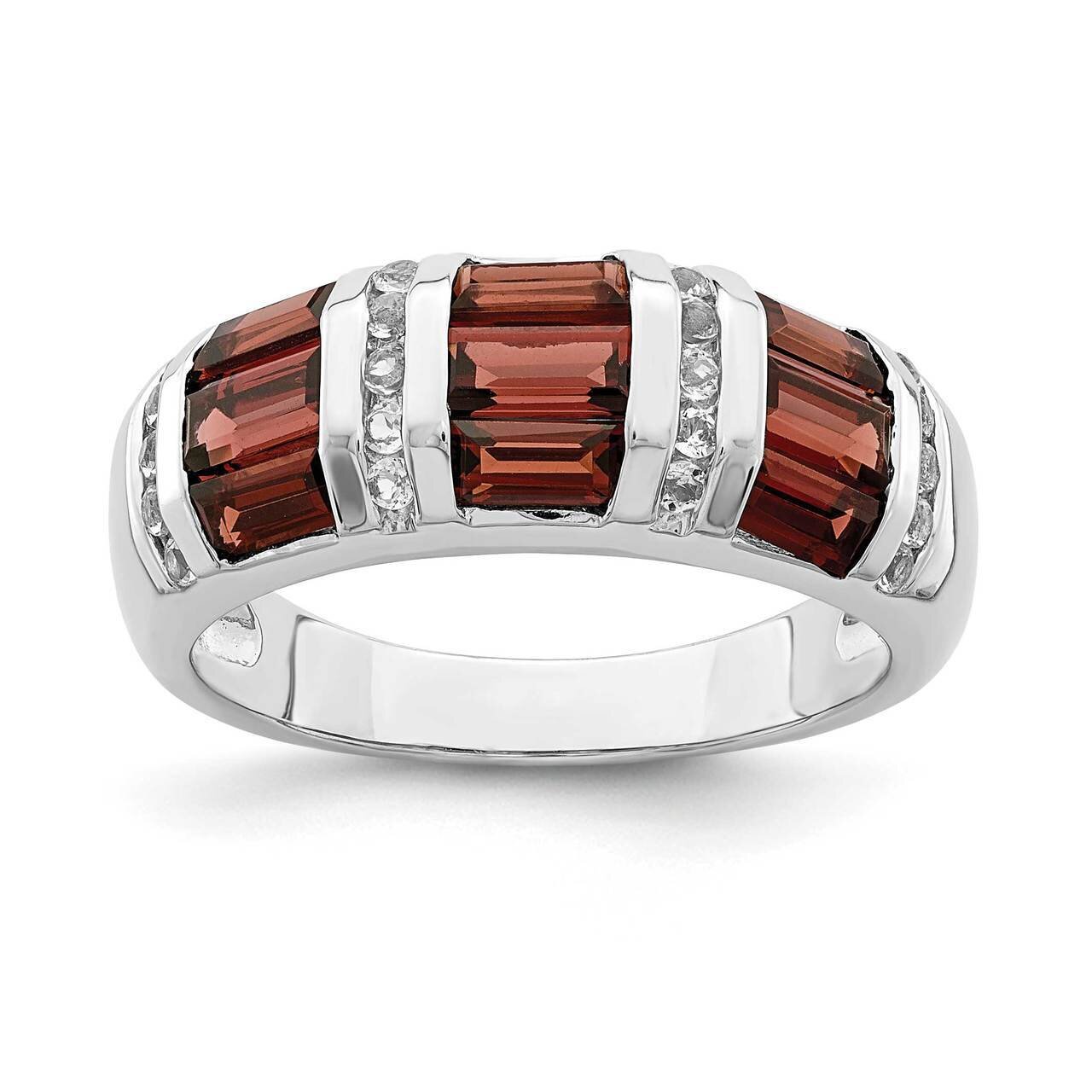 Baguette Garnet &amp; White Topaz Ring Sterling Silver Rhodium-plated QR7006, MPN: QR7006,