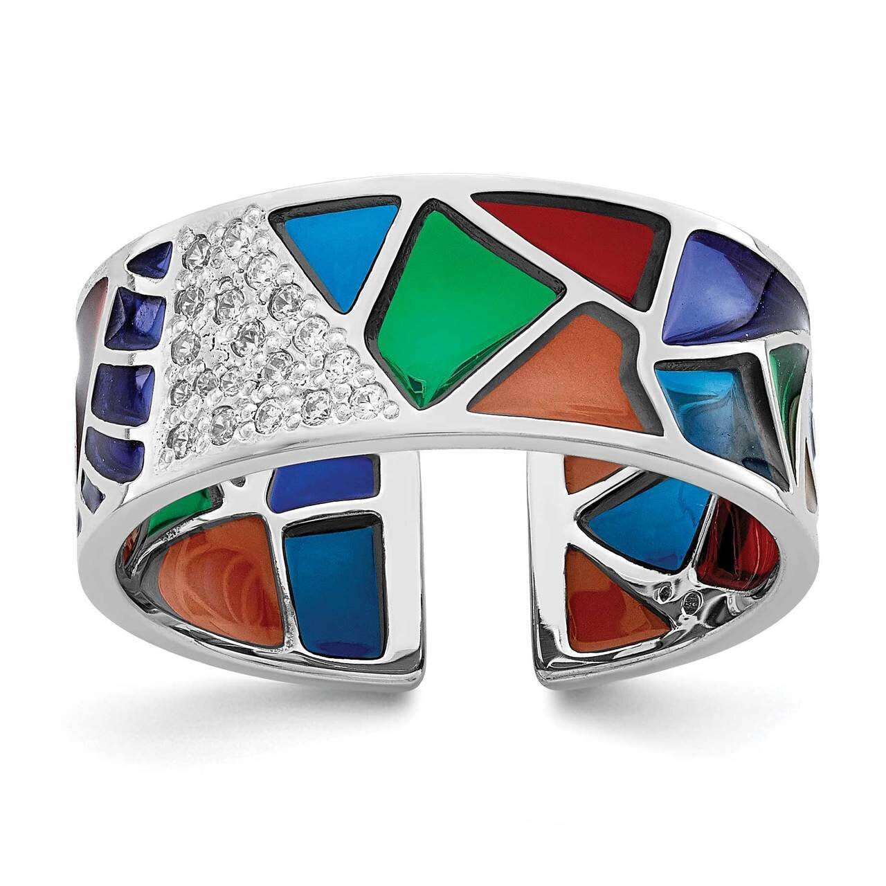 Abstract Multi-color Enamel &amp; CZ Diamond Cuff Ring Sterling Silver Rhodium-plated QR7008, MPN: QR70…