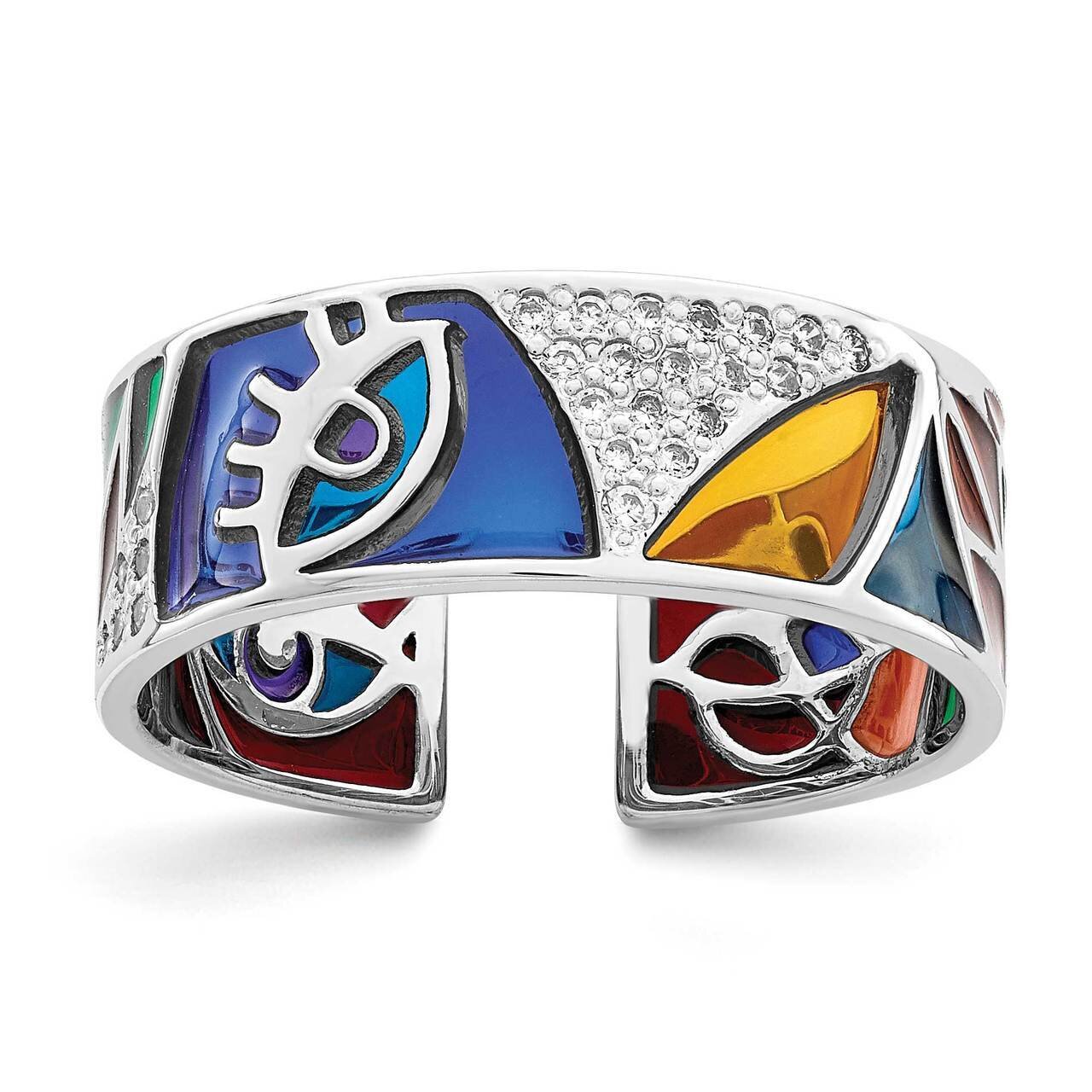 Abstract Multi-color Enamel &amp; CZ Diamond Cuff Ring Sterling Silver Rhodium-plated QR7009, MPN: QR70…