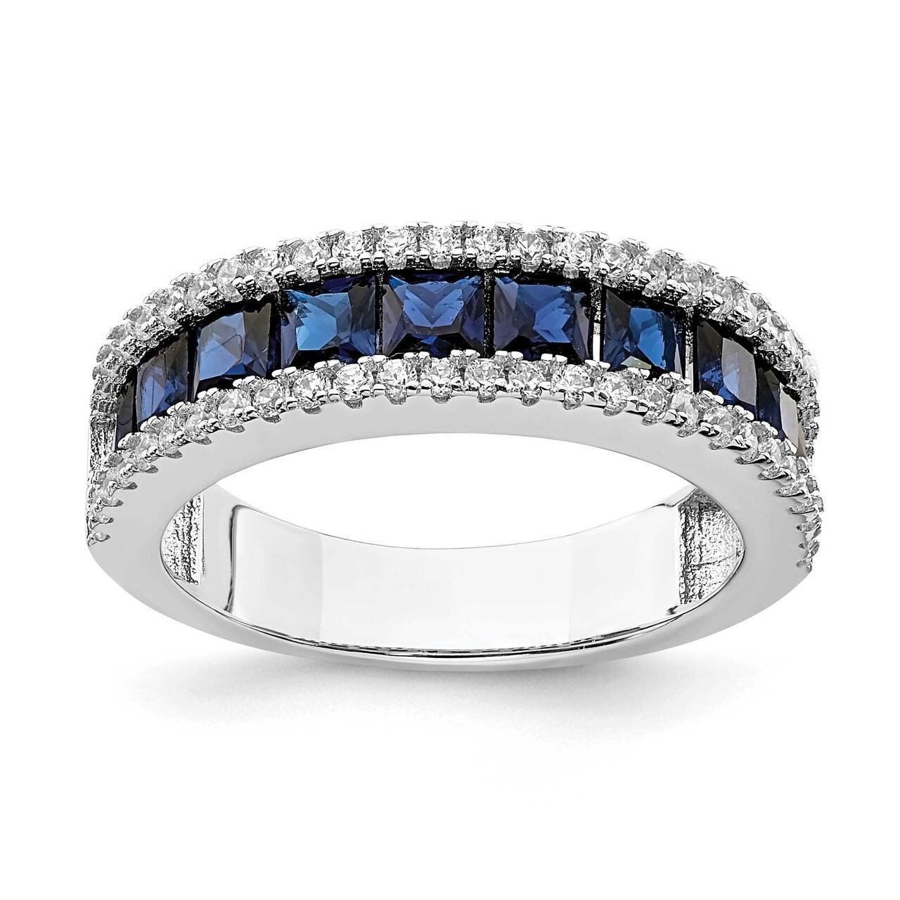 Synthetic Blue Spinel & CZ Diamond Ring Sterling Silver Rhodium-plated QR7014