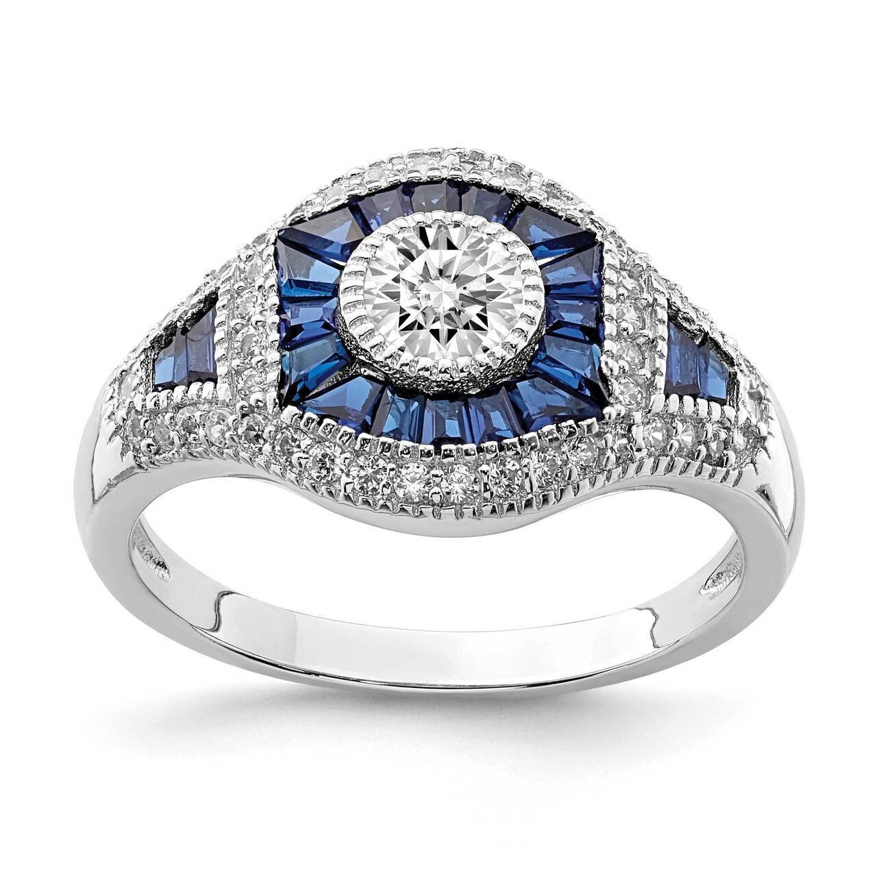 Synthetic Blue Spinel &amp; CZ Diamond Ring Sterling Silver Rhodium-plated QR7015