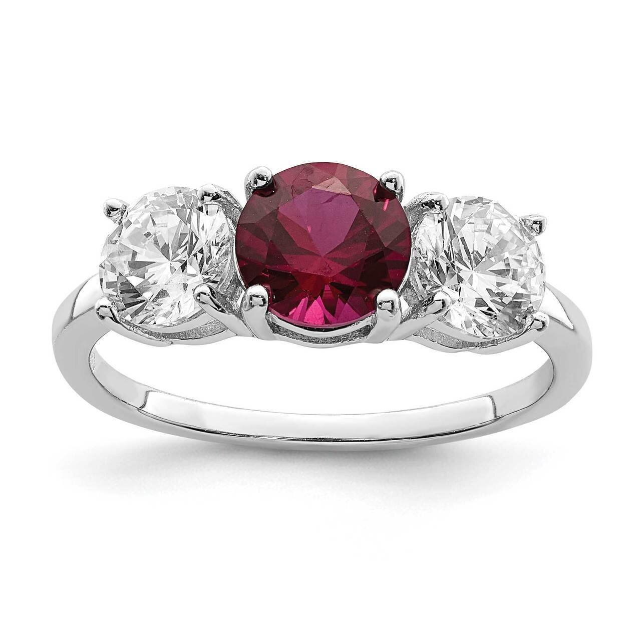 Created Corundum &amp; CZ Diamond 3 Stone Ring Sterling Silver Rhodium-plated QR7021, MPN: QR7021,