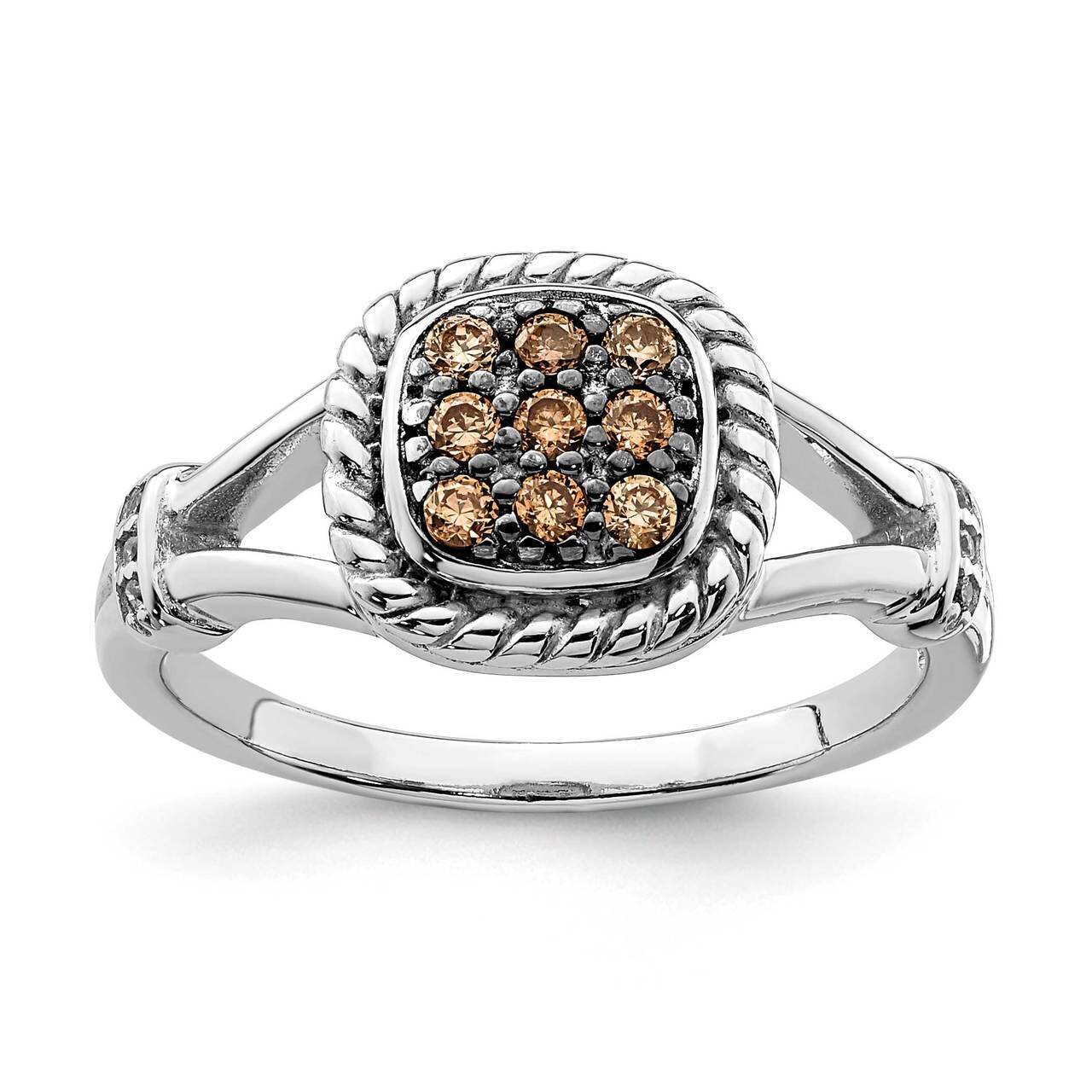 Champagne &amp; Clear CZ Diamond Ring Sterling Silver Rhodium Plated QR7029, MPN: QR7029, 886774094038
