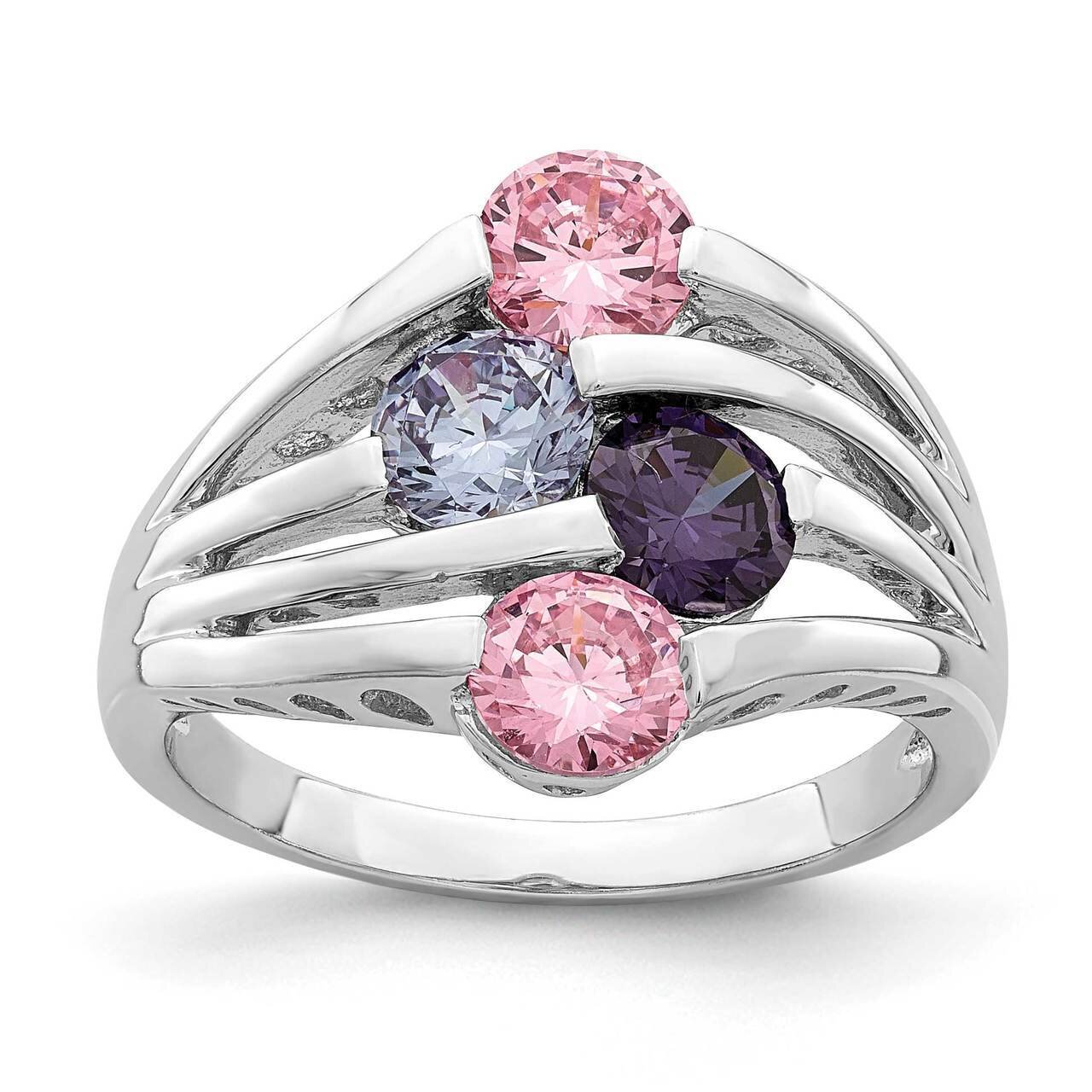 Pink & Purple CZ Diamond 4-Bar Ring Sterling Silver Rhodium-plated QR7034