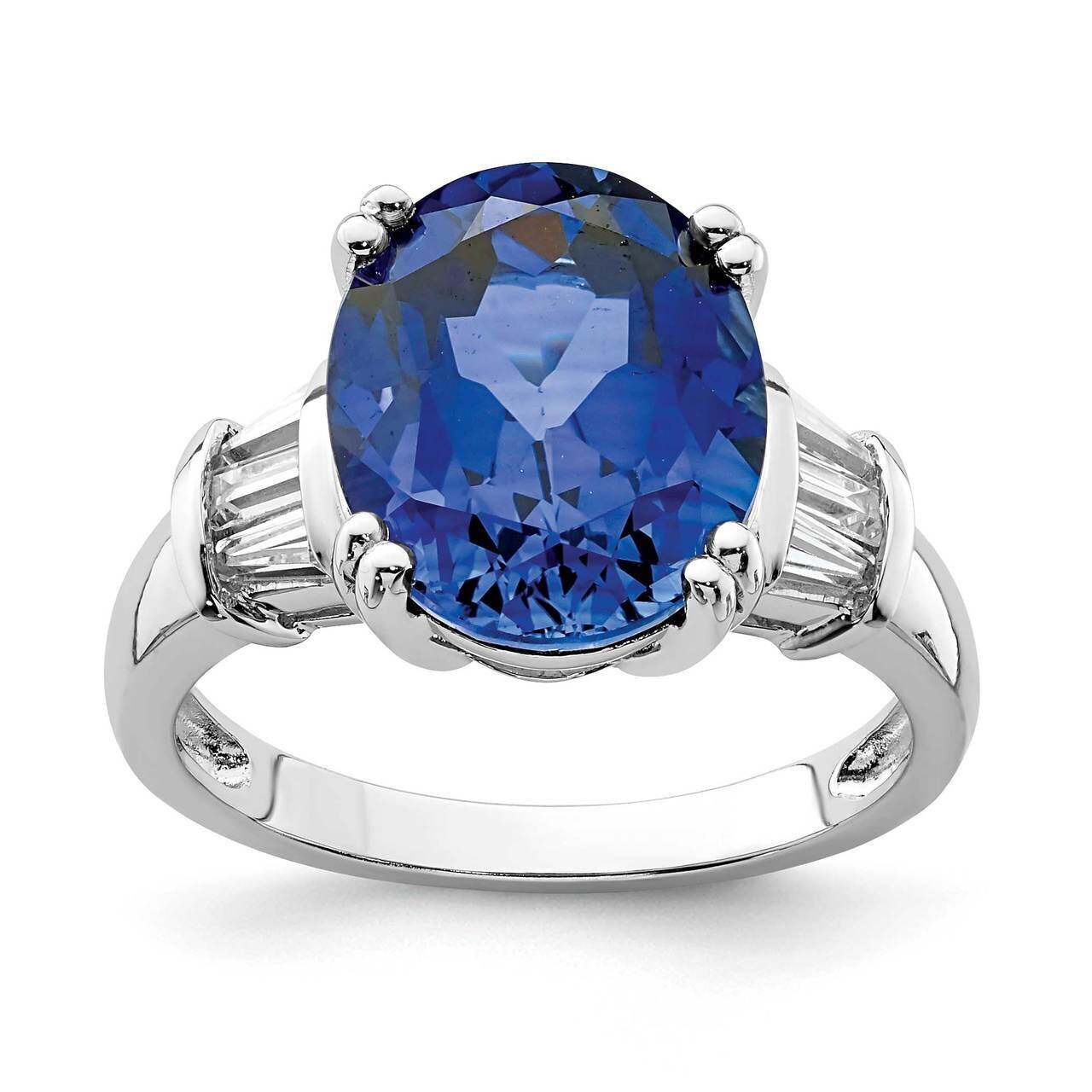Created Blue Sapphire &amp; CZ Diamond Baguette Ring Sterling Silver Rhodium-plated QR7052, MPN: QR7052,