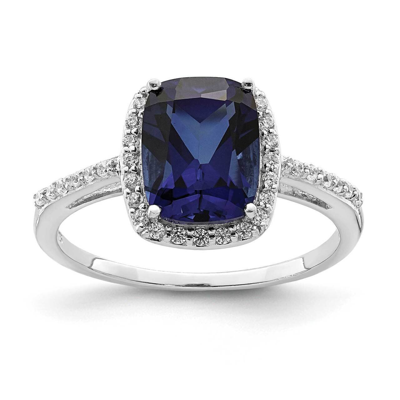 Created Blue Sapphire &amp; CZ Diamond Ring Sterling Silver Rhodium-plated QR7053, MPN: QR7053,