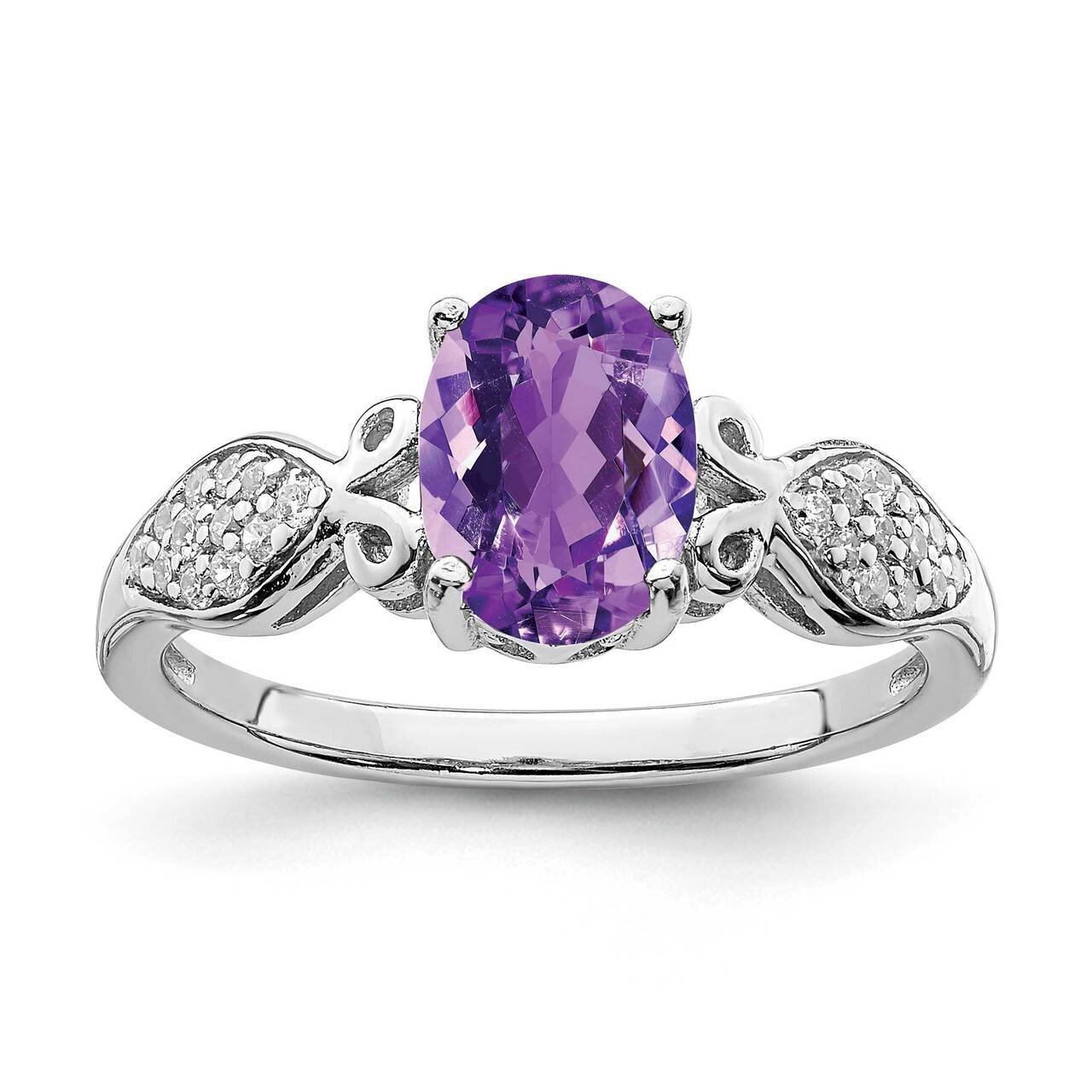 Polished Amethyst and White CZ Diamond Ring Sterling Silver Rhodium Plated QR7137