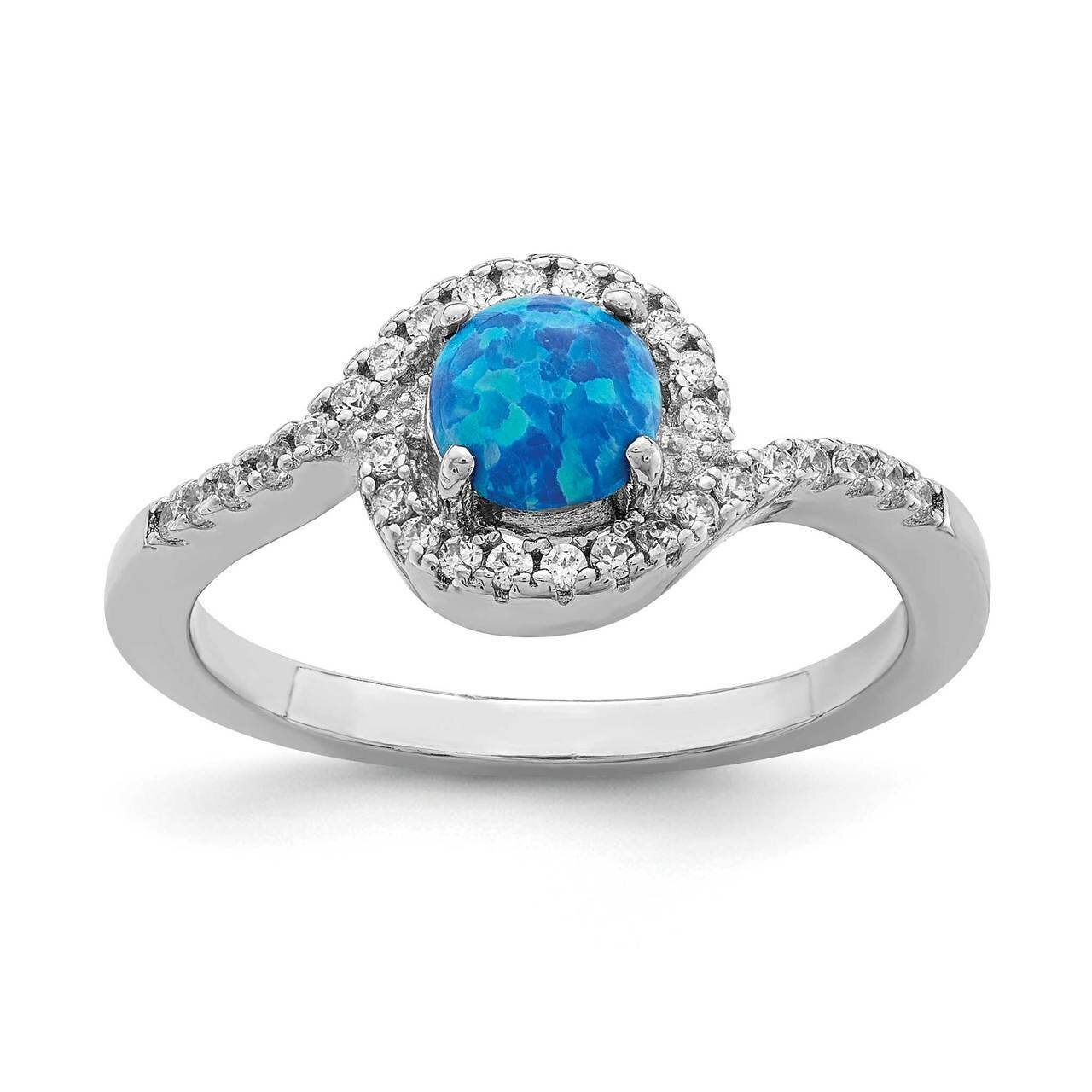 Created Blue Opal &amp; CZ Diamond Halo Ring Sterling Silver Rhodium-plated QR7145, MPN: QR7145, 883957…