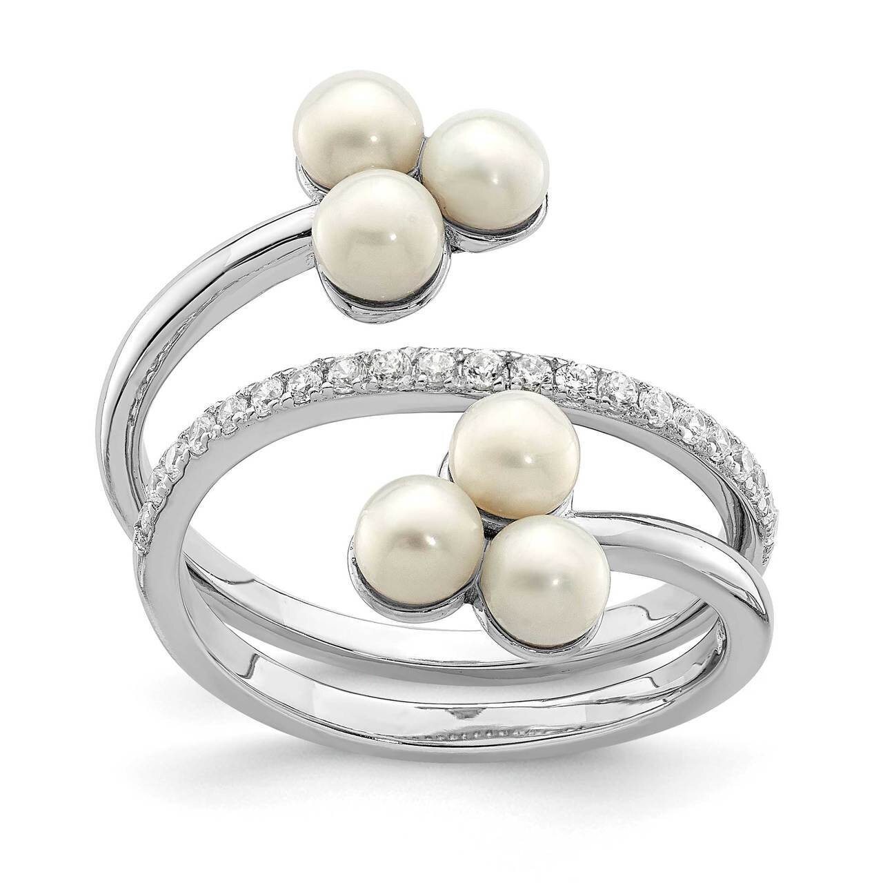 3-4mm White Button Freshwater Cultured Pearl CZ Diamond Adj. Ring Sterling Silver Rhodium Plated QR7157