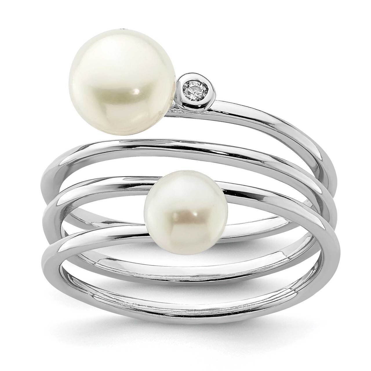5-7mm White Button Freshwater Cultured Pearl CZ Diamond Adj. Ring Sterling Silver Rhodium Plated QR7158