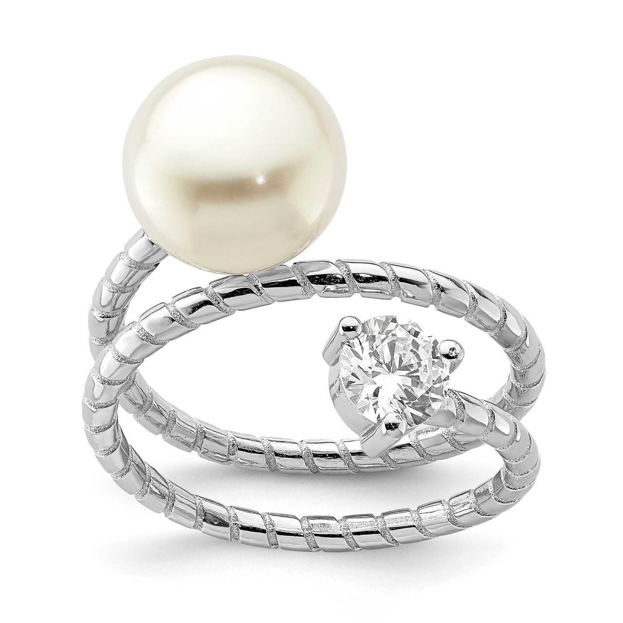 10-11mm White Button Freshwater Cultured Pearl CZ Diamond Adj. Ring Sterling Silver Rhodium Plated …