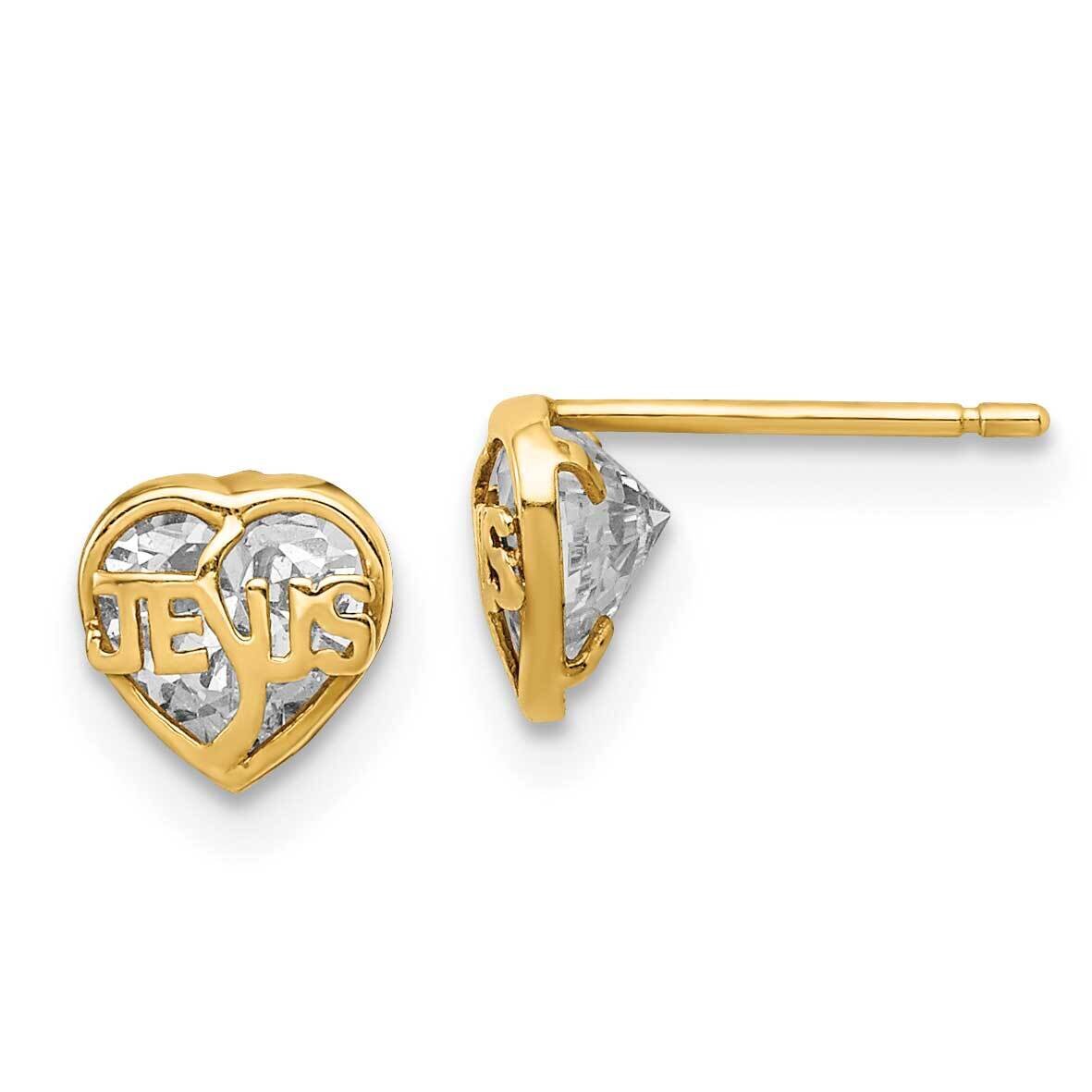 Jesus Heart Post Earrings 14k Gold CZ Diamond SE2877