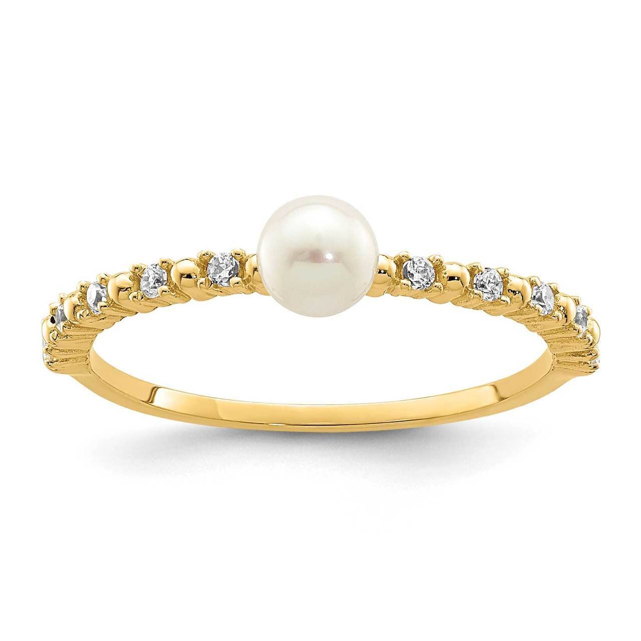 3-4mm White Button Freshwater Cultured Pearl Ring 14k Gold CZ Diamond SE2878