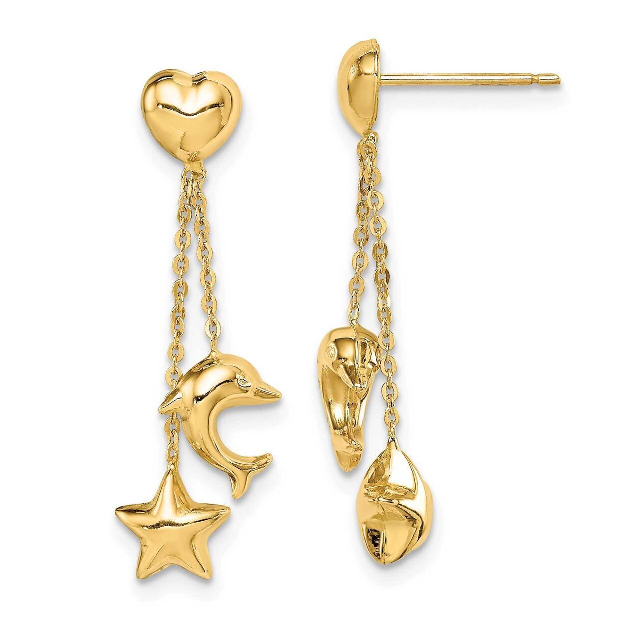 Heart, Star &amp; Dolphin Dangle Post Earrings 14k Gold SE2884 by Madi K, MPN: SE2884, 191101980732