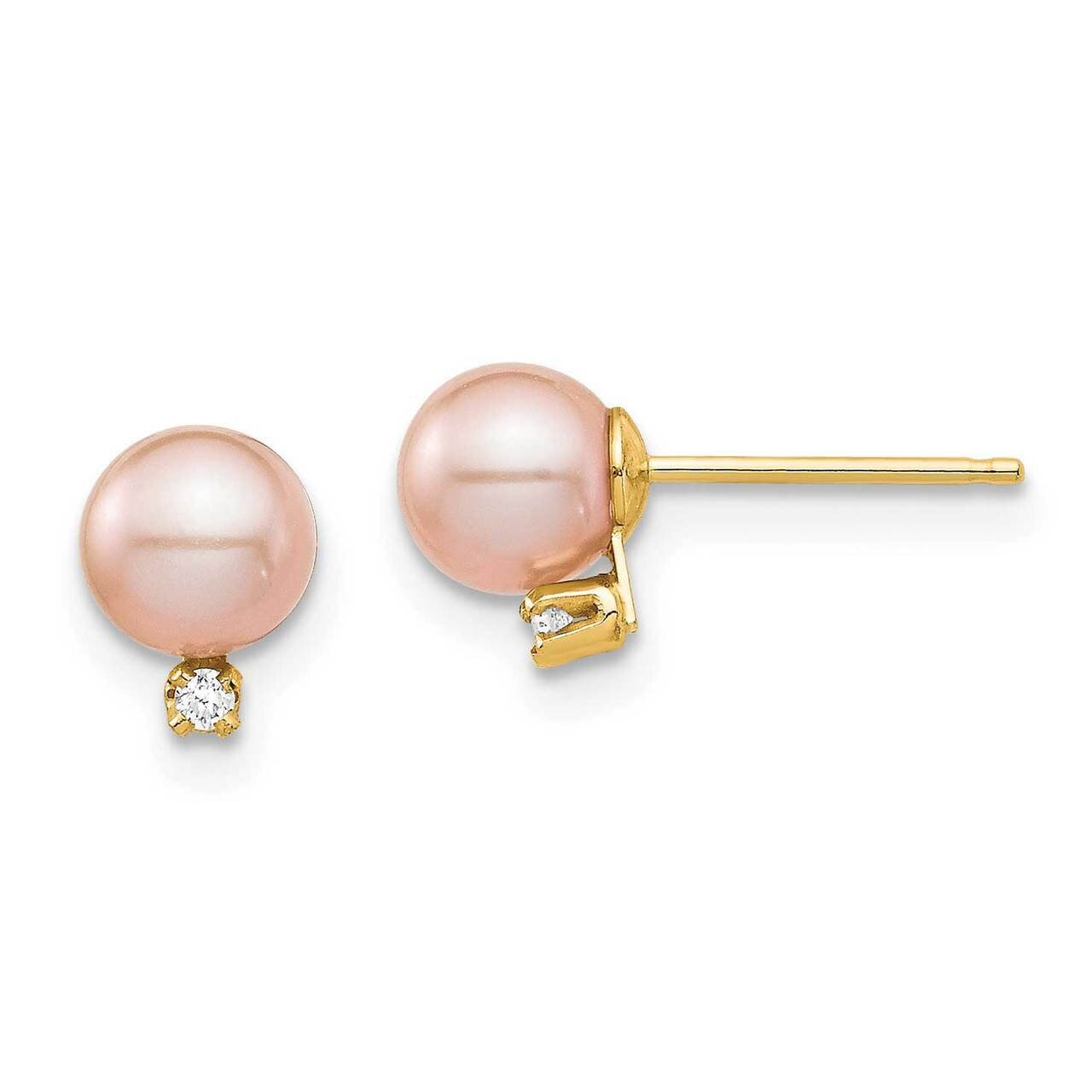 5-6mm Pink Round Freshwater Cultured Pearl .02ct Diamond Post Earrings 14k Gold SE2925 by Madi K, M…