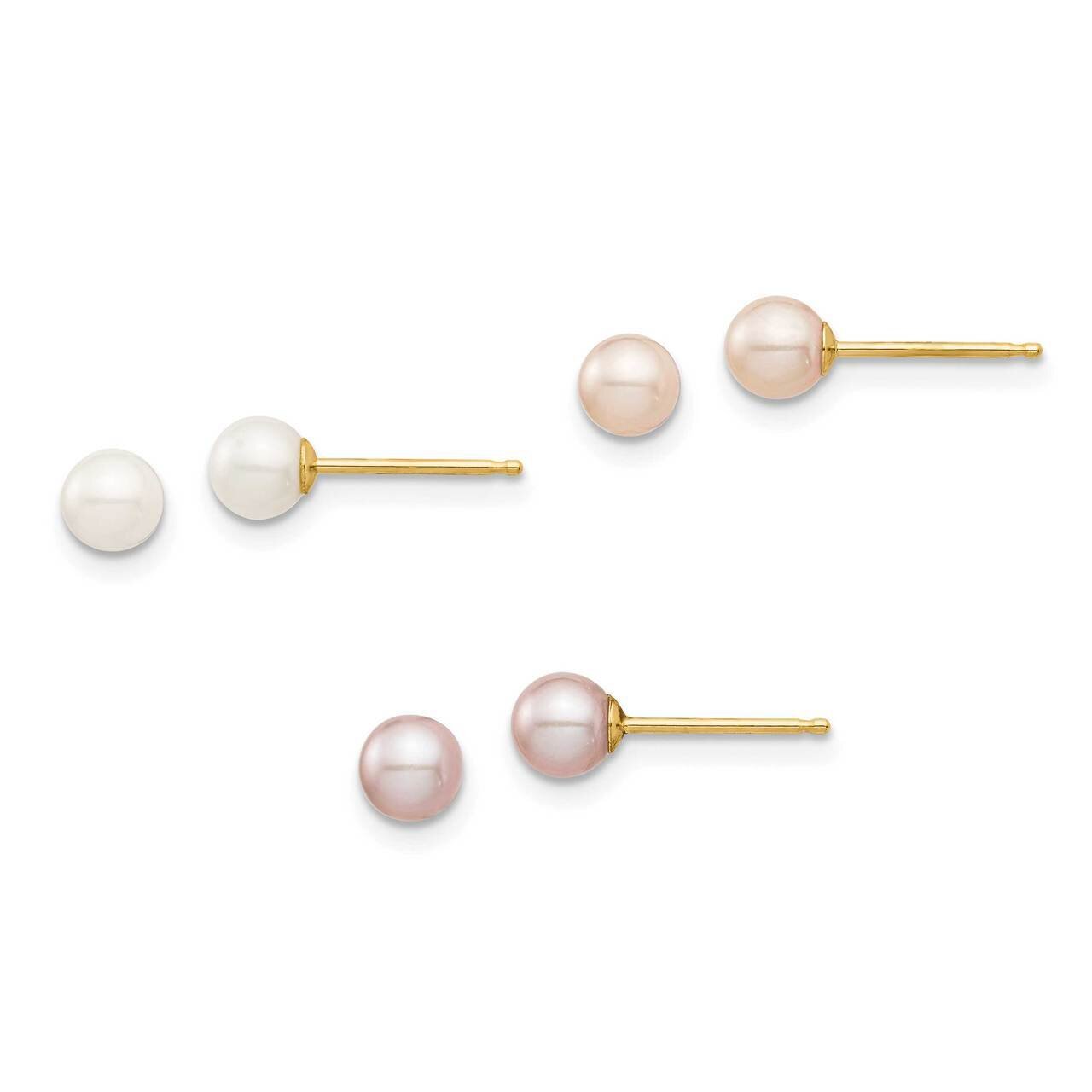 4-5mm White/Pink/Purple Round Freshwater Cultured Pearl Post Earrings Set 14k Gold SE2931