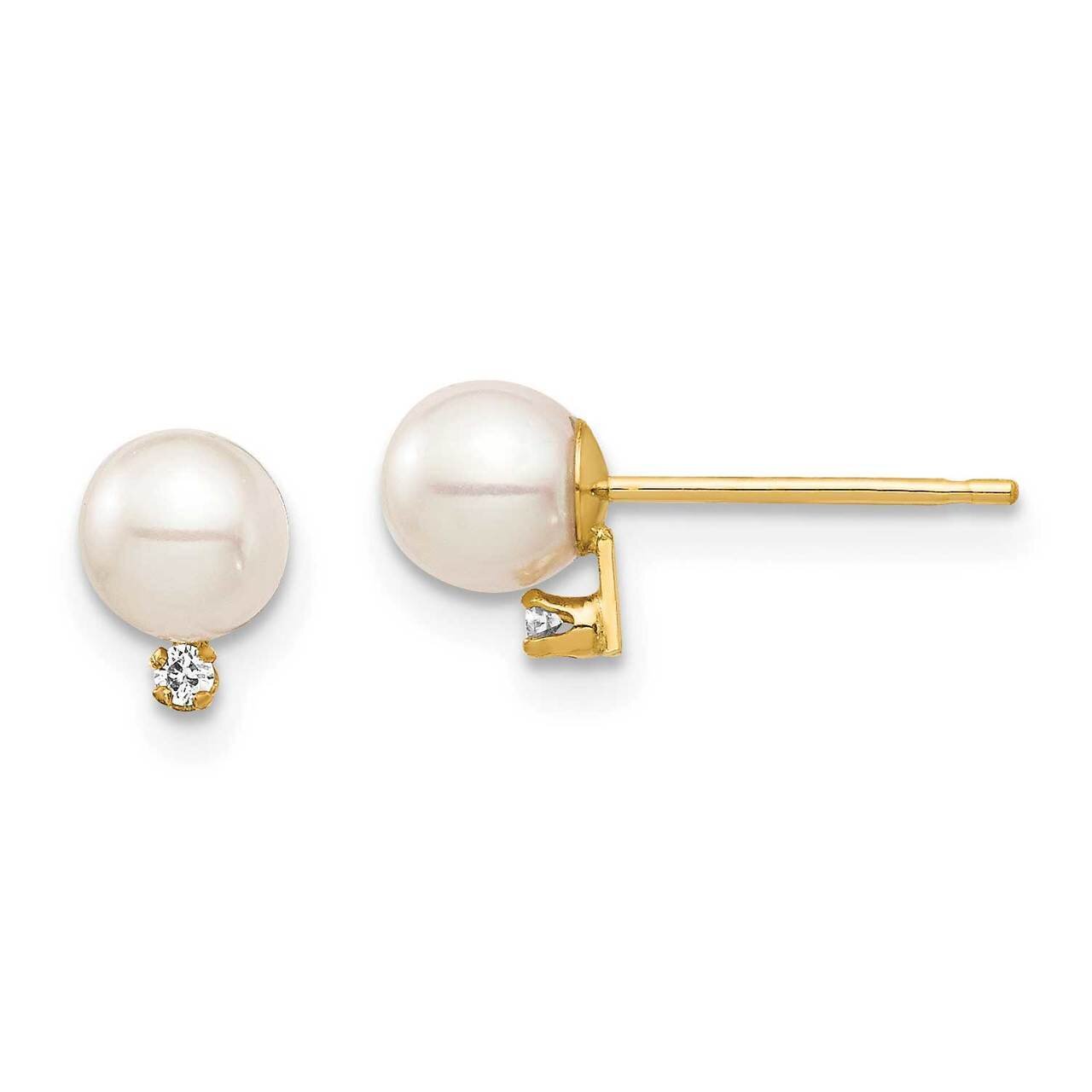 4-5mm White Round Freshwater Cultured Pearl .02ct Diamond Post Earrings 14k Gold SE2942 by Madi K, …