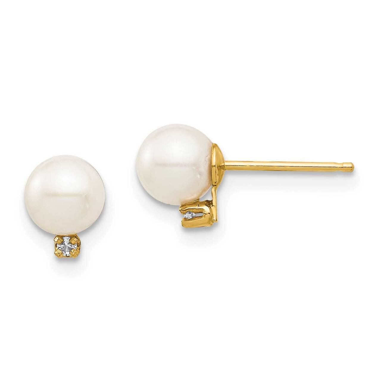 5-6mm White Round Freshwater Cultured Pearl .02ct Diamond Post Earrings 14k Gold SE2943 by Madi K, …