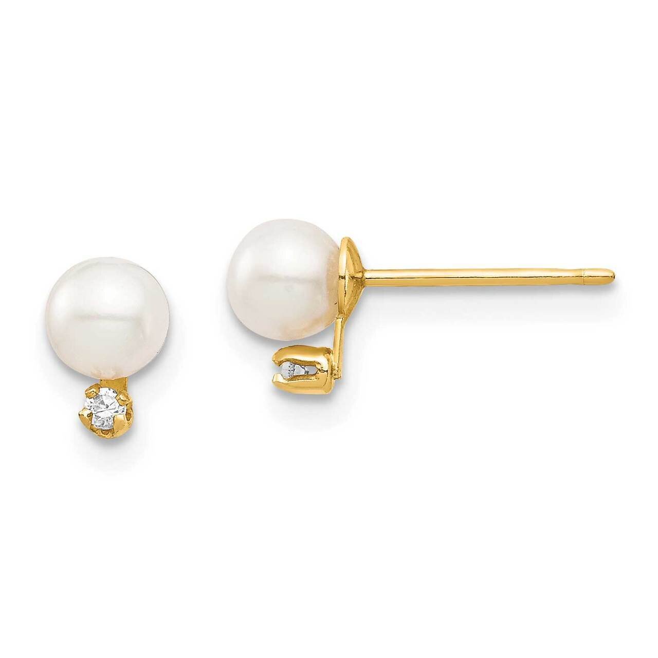 4-5mm White Round Freshwater Cultured Pearls Post Earrings 14k Gold CZ Diamond SE2948