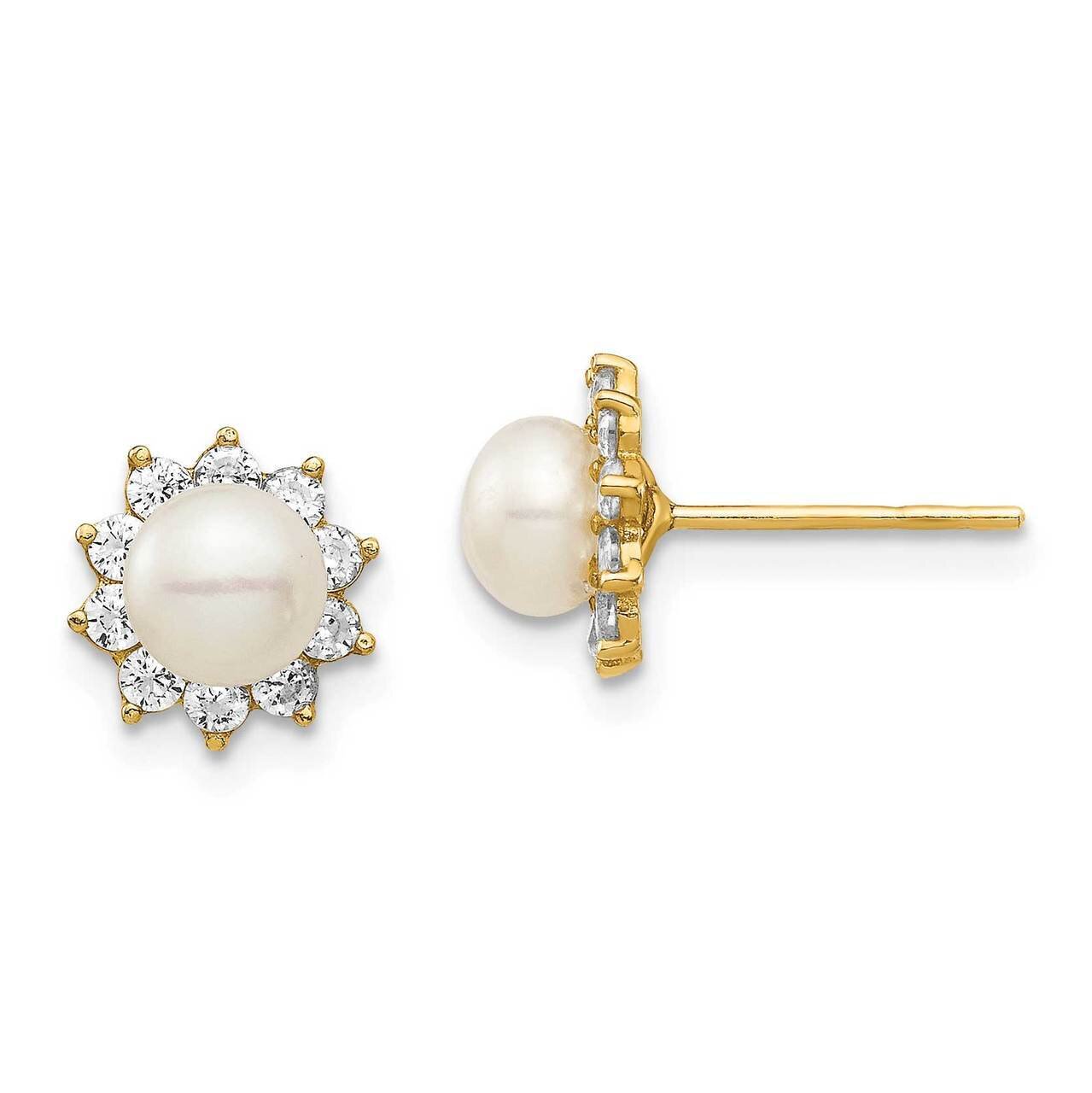 5-6mm White Button Freshwater Cultured Pearl Post Earrings 14k Gold CZ Diamond SE2955