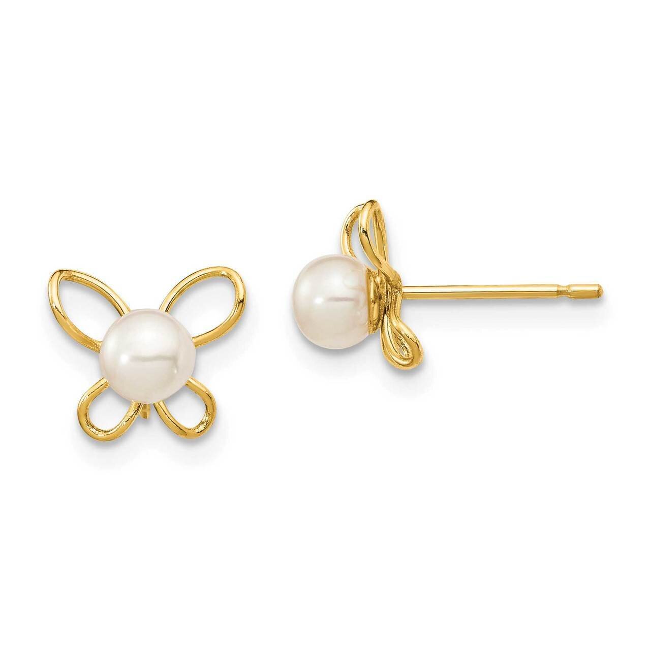 4-5mm White Button Freshwater Cultured Pearl Butterflies Post Earrings 14k Gold SE2958