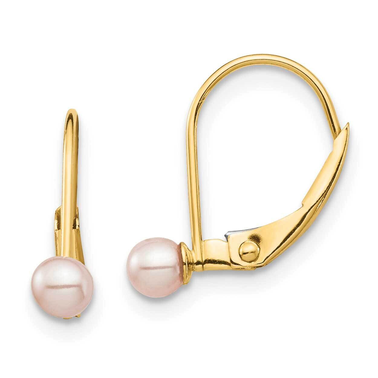 3-4mm Pink Round Freshwater Cultured Pearl Leverback Earrings 14k Gold SE2968