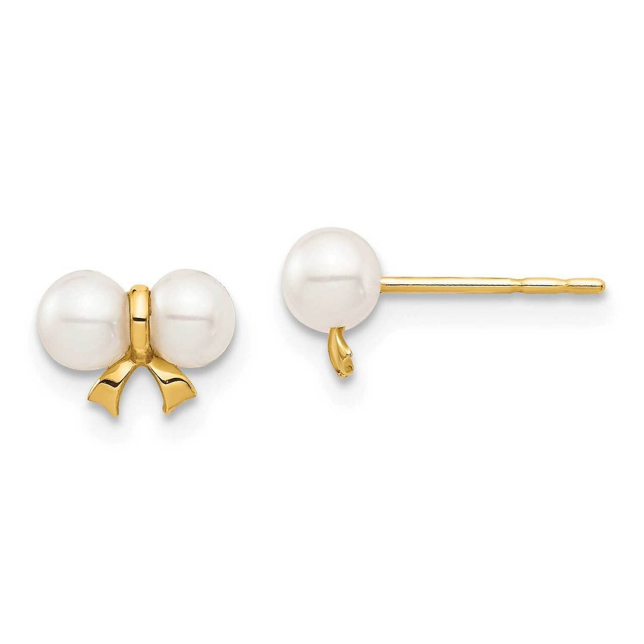 3-4mm White Round Freshwater Cultured Pearl Bow Post Earrings 14k Gold SE2973