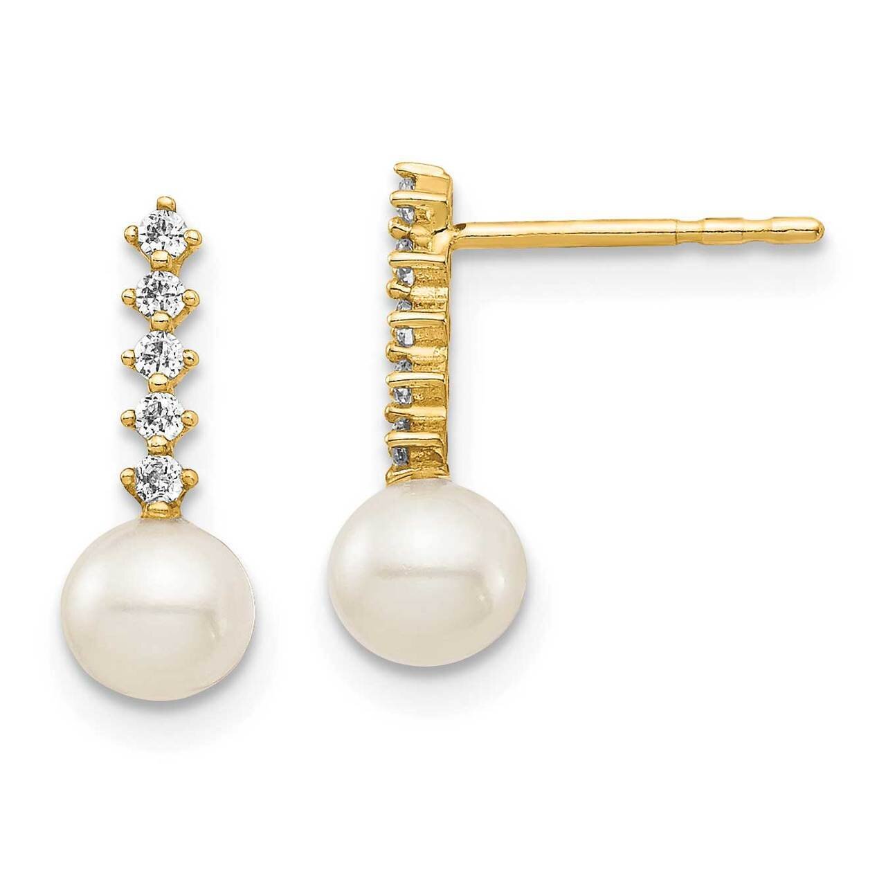5-6mm White Round Freshwater Cultured Pearl Post Dangle Earrings 14k Gold CZ Diamond SE2975 by Madi…