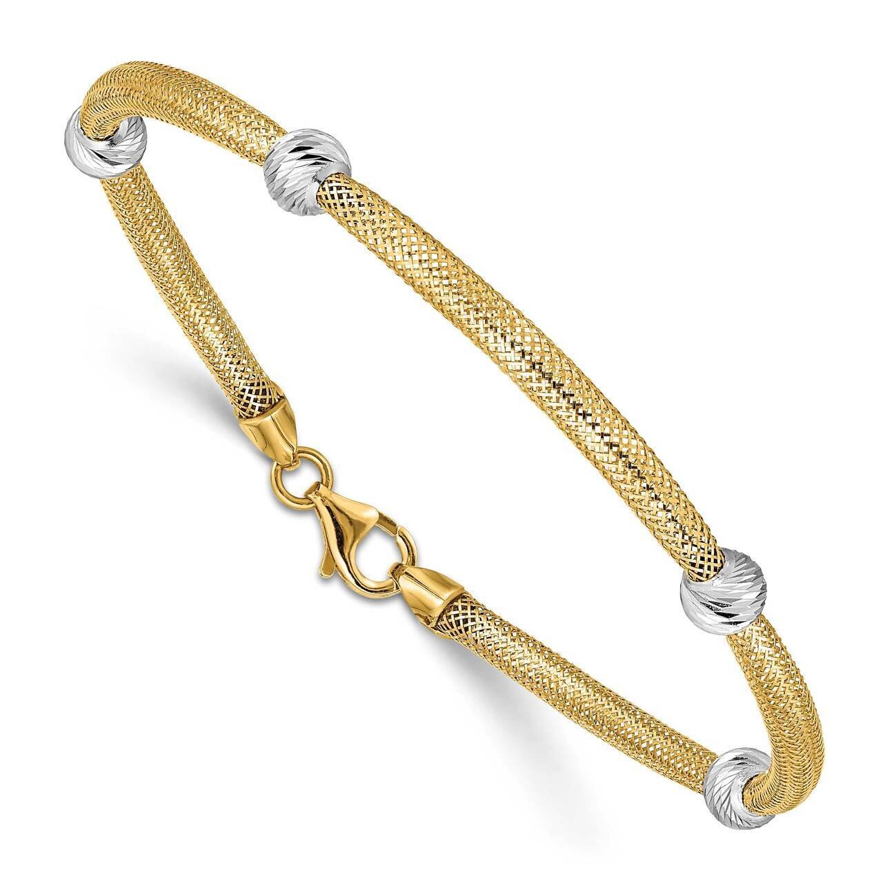 Beads Stretch Mesh Bracelet 14k Two-Tone Gold Diamond-cut SF2684-7.5