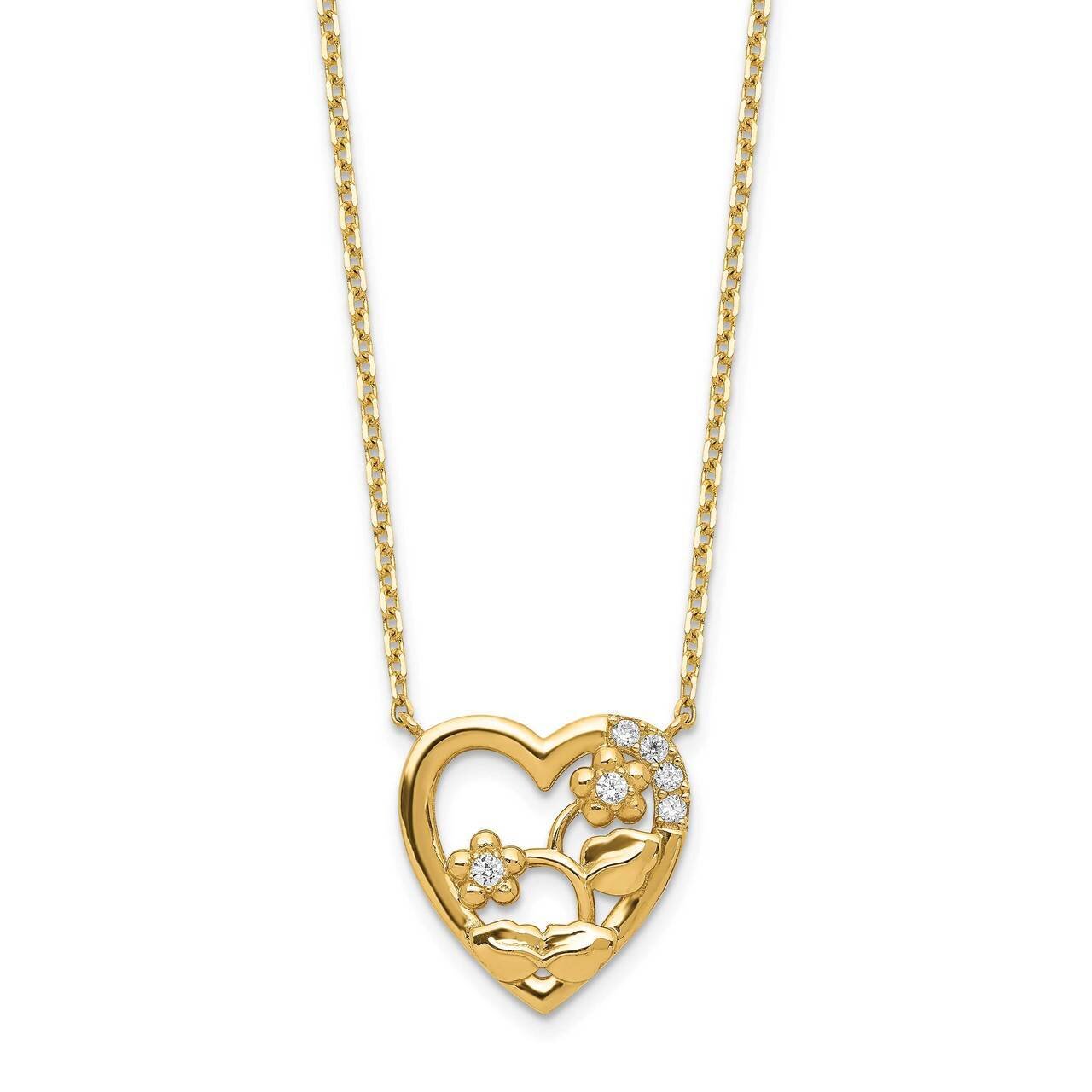 Heart with Flowers &amp; with 2 inch Extender Necklace 14k Gold CZ Diamond SF2770-18, MPN: SF2770-18, 8…