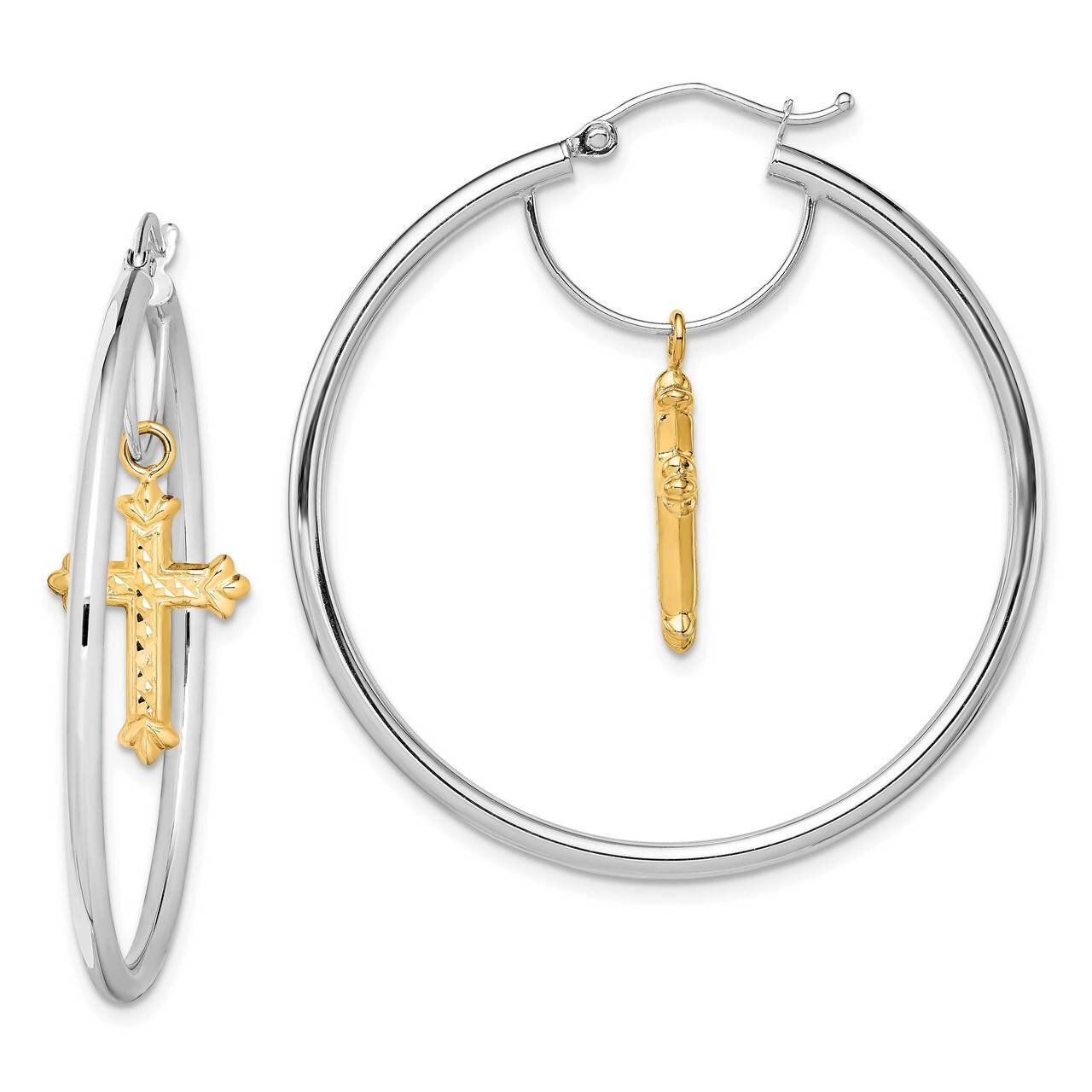 Cross Dangle Hoop Earrings 14k Two-Tone Gold Diamond-cut TF1511