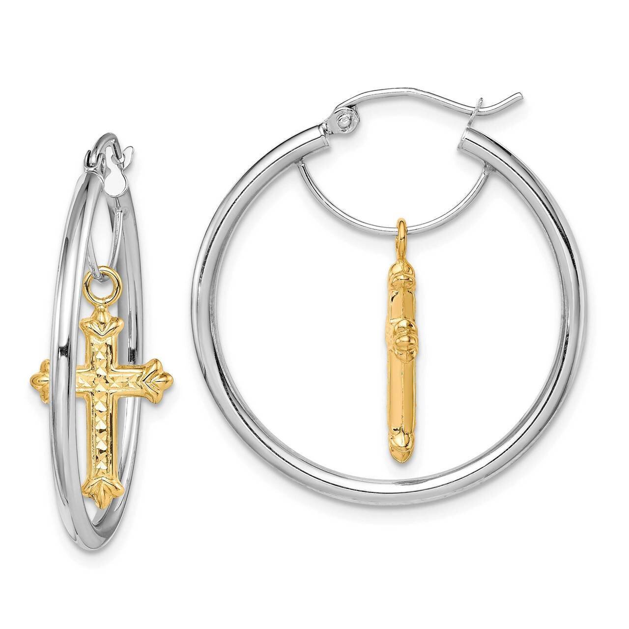 Cross Dangle Hoop Earrings 14k Two-Tone Gold Diamond-cut TF1512, MPN: TF1512, 883957988238