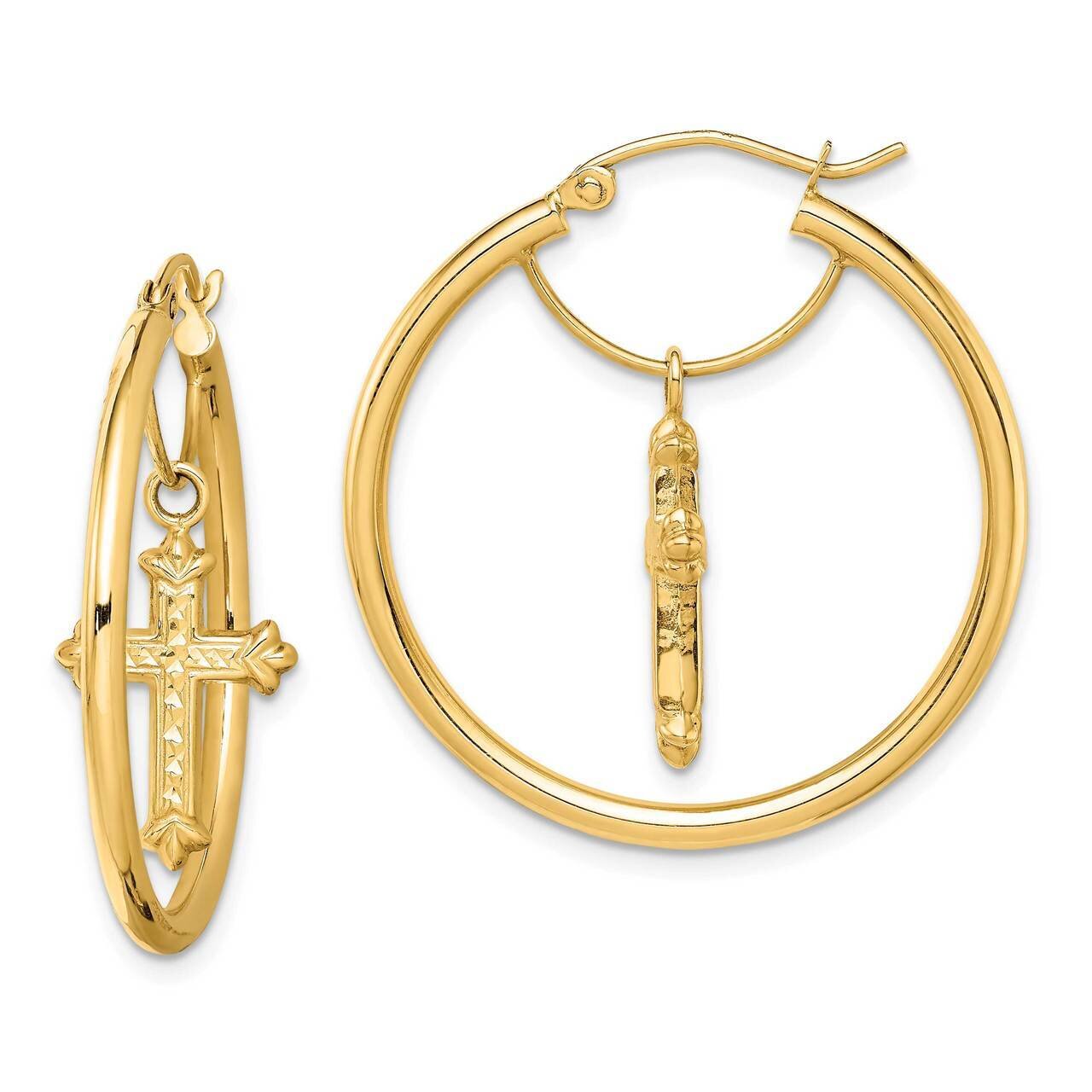 Diamond-cut Cross Dangle Hoop Earrings 14k Gold TF1514