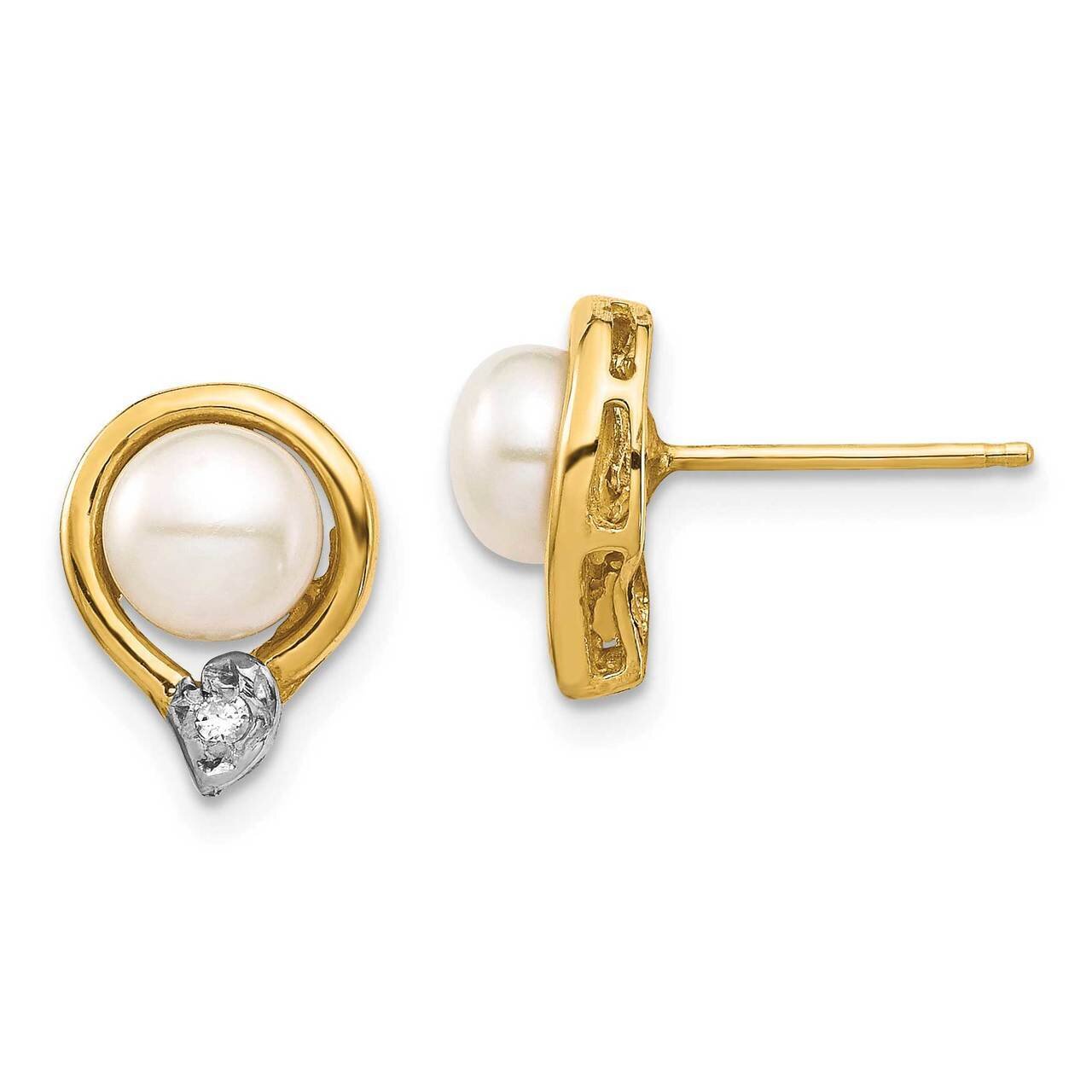 5-6mm White Button Freshwater Cultured Pearl .02ct Diamond Post Earrings 14k Gold XE3234AA