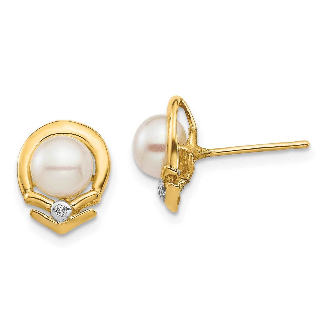 5-6mm White Button Freshwater Cultured Pearl .02ct Diamond Post Earrings 14k Gold XE3235AA