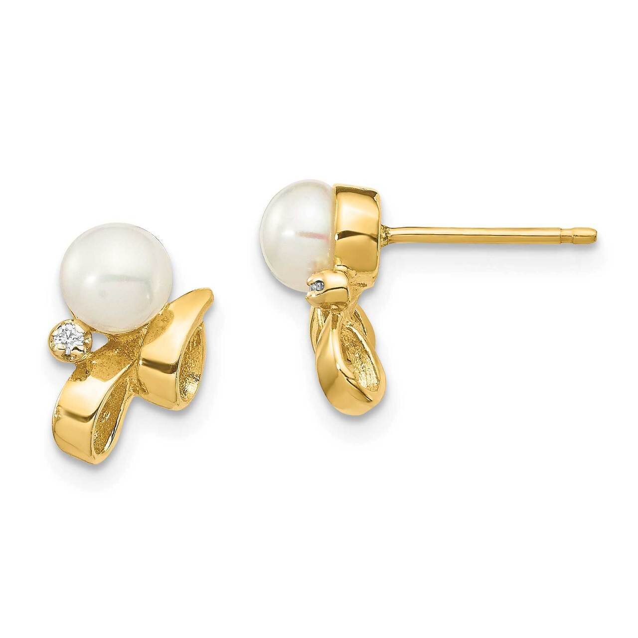 4-5mm White Button Freshwater Cultured Pearl .02ct Diamond Post Earrings 14k Gold XE3237AA