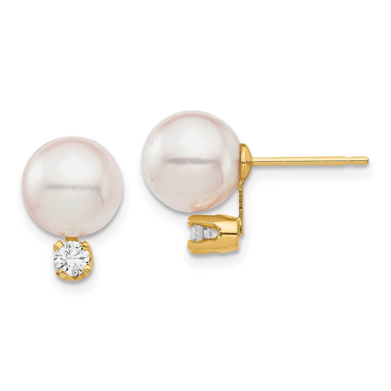 8-9mm White Round Saltwater Akoya Cultured Pearl Diamond Post Earrings 14k Gold XF682E