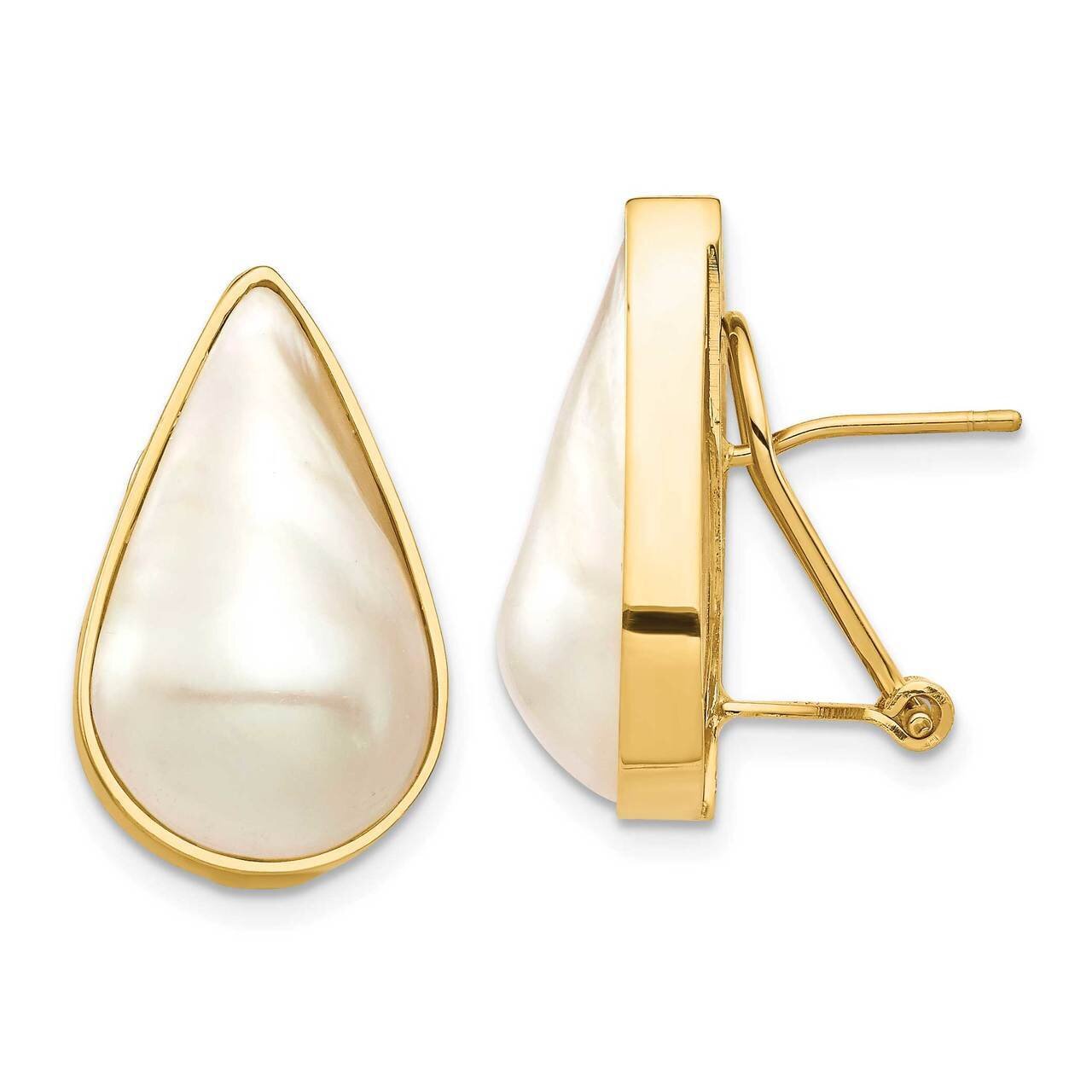 12x20 White Pear Freshwater Cultured Mabe Pearl Omega Back Earrings 14k Gold XF684E