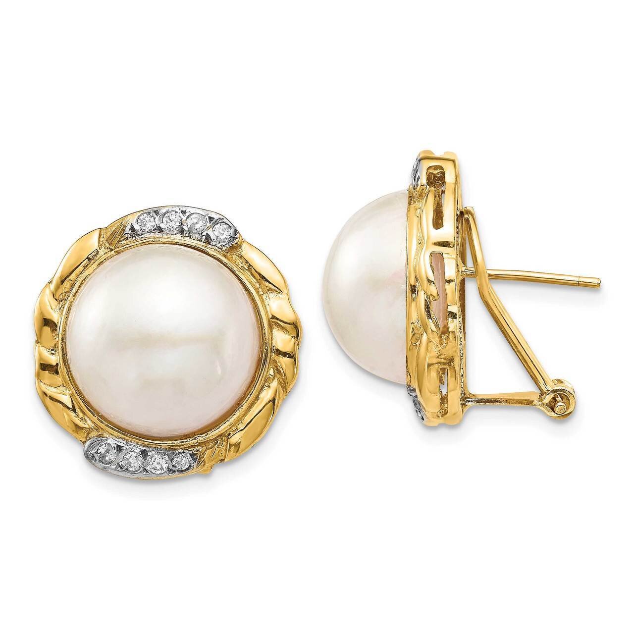 13-14mm White Freshwater Cultured Mabe Pearl .16ct Diamond Omega Back Earrings 14k Gold XF688E, MPN…
