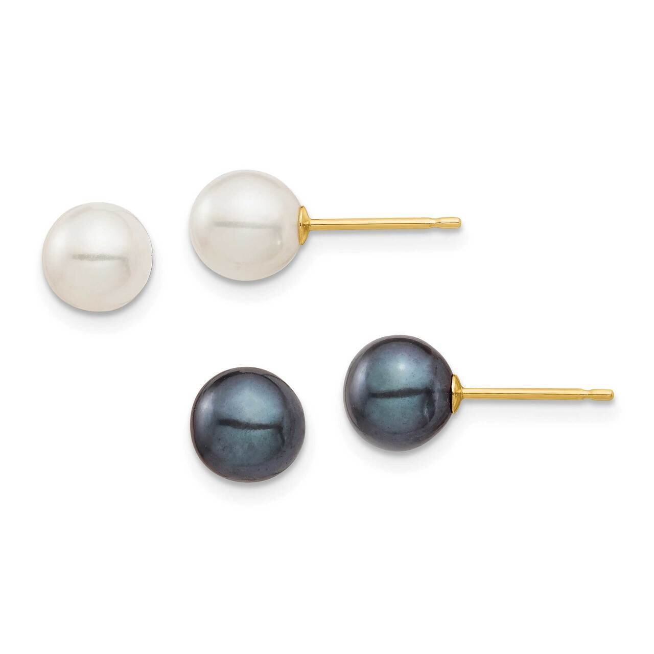 6-7mm White &amp; Black Round Freshwater Cultured Pearl 2 pair Stud Post Earrings Set 14k Gold XF690ESE…