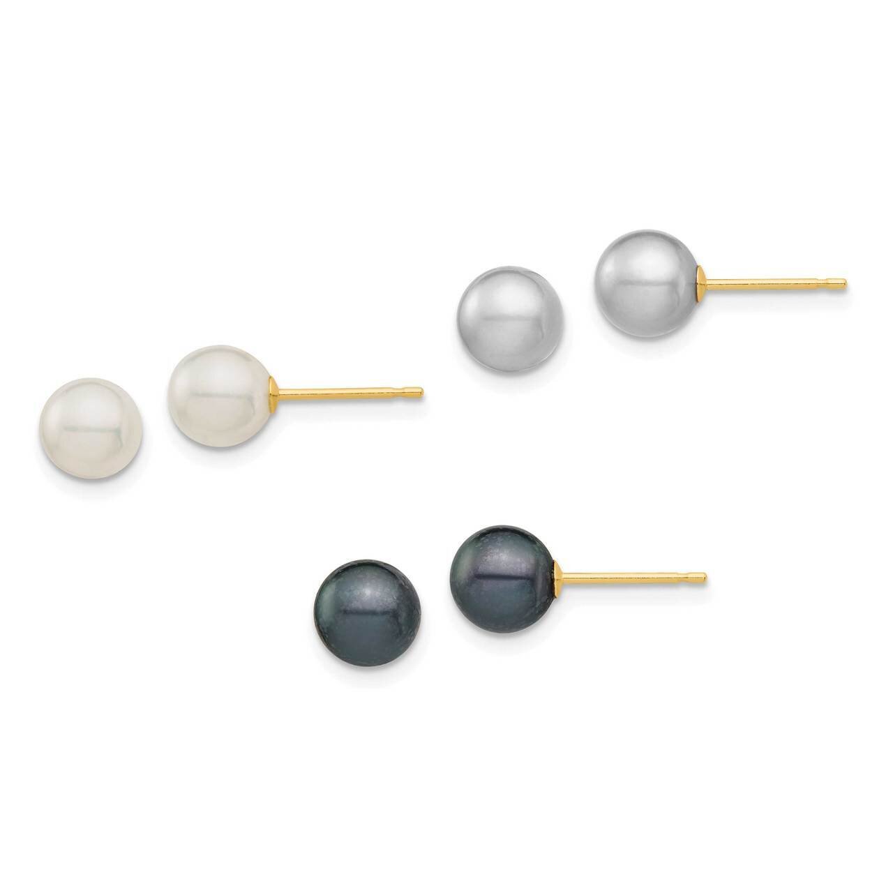 6-6.5mm White/Grey/Black Round Freshwater Cultured Pearl 3 pair Stud Post Earrings Set 14k Gold XF691ESET