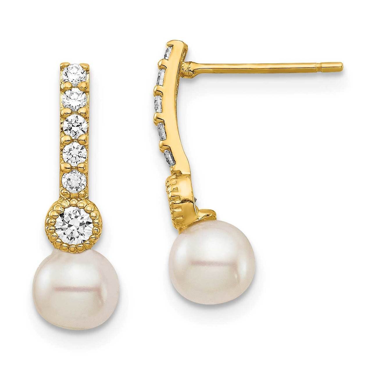 6mm White Semi-round Freshwater Cultured Pearl Post Drop Earrings 14k Gold CZ Diamond XF692E, MPN: …