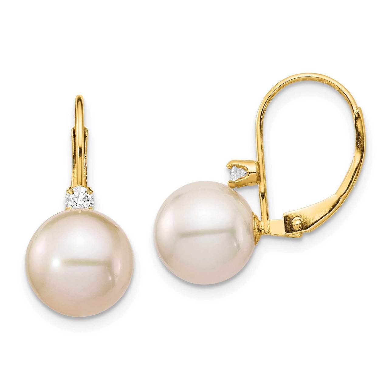 9-9.5mm White Round Freshwater Cultured Pearl .10ct Diamond Leverback Earrings 14k Gold XF699E