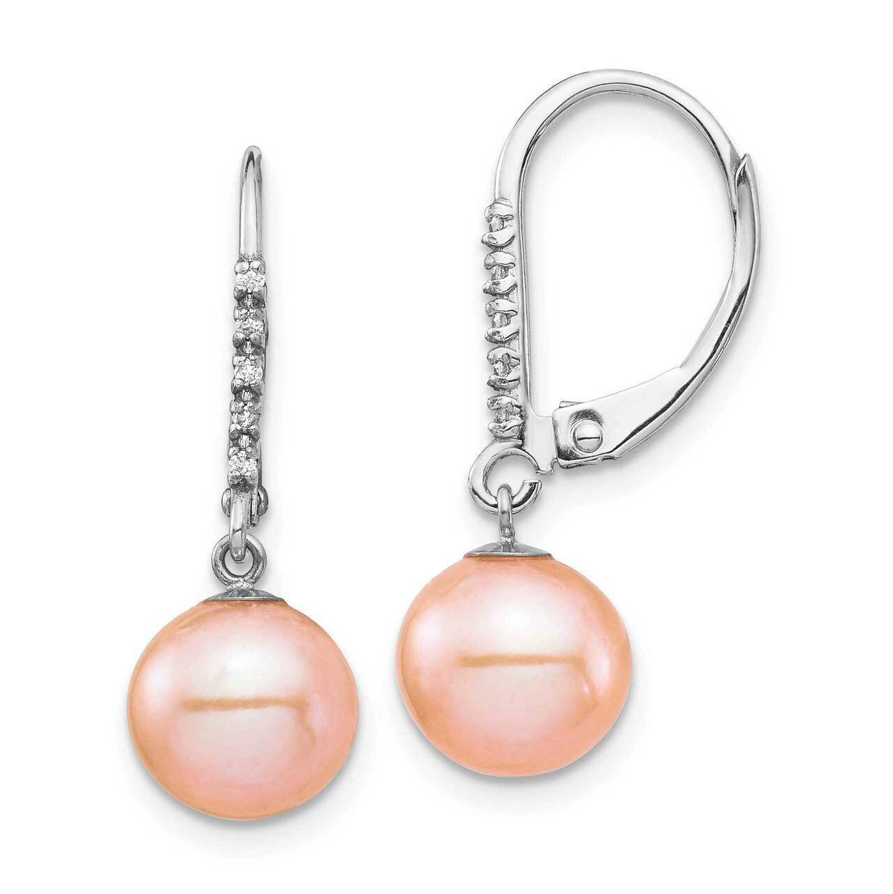 8-9mm Pink Freshwater Cultured Pearl .05ct Diamond Leverback Earrings 14k White Gold XF702E