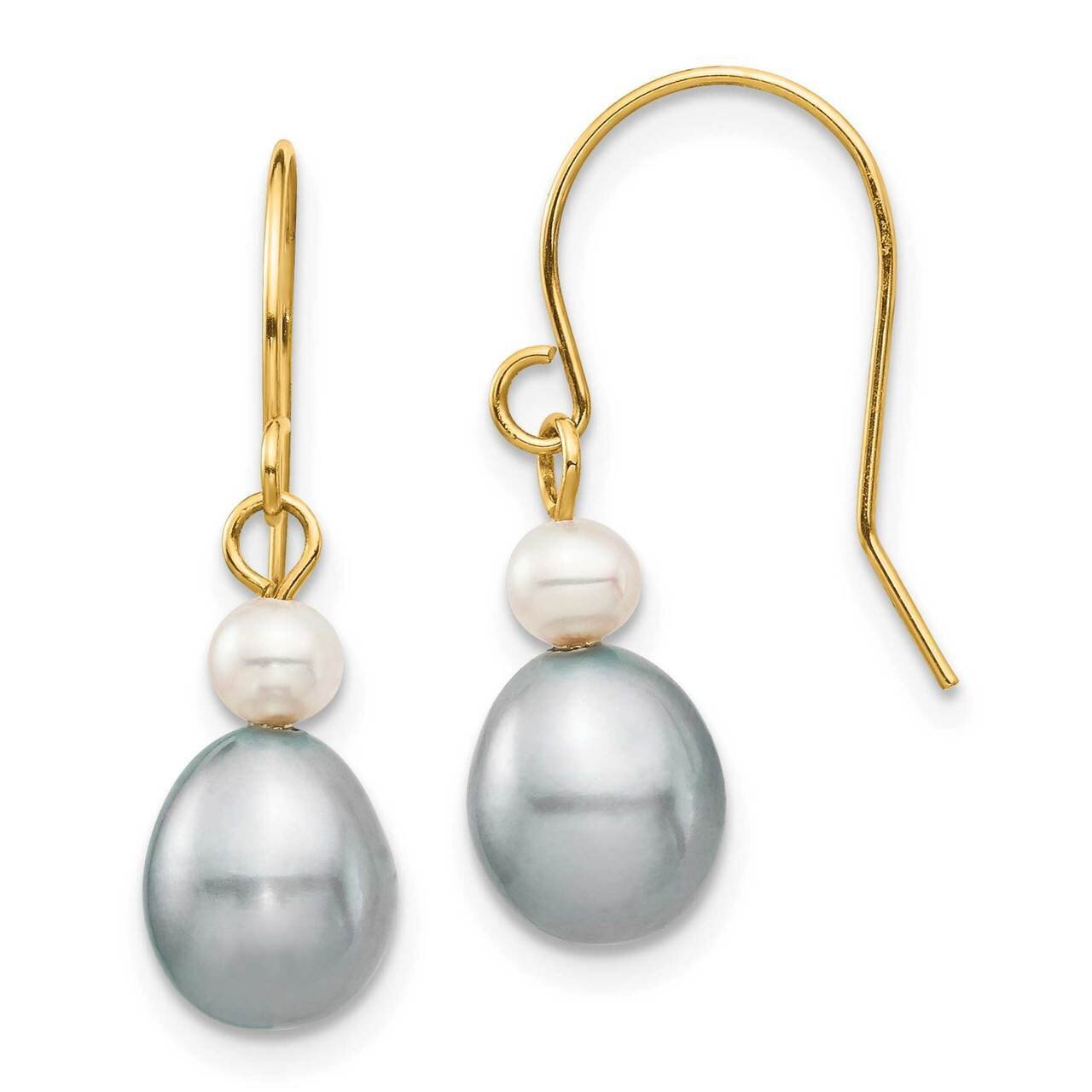 4-7mm White/Grey Round/Rice Freshwater Cultured Pearl Dangle Earrings 14k Gold XF709E