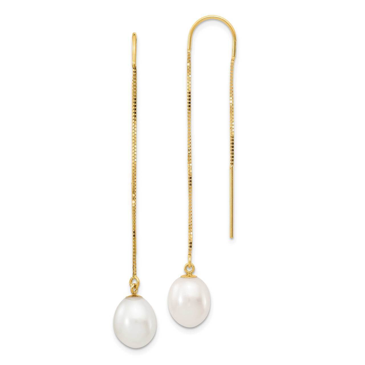 7-8mm White Rice Freshwater Cultured Pearl Box Chain Threader Earrings 14k Gold XF712E