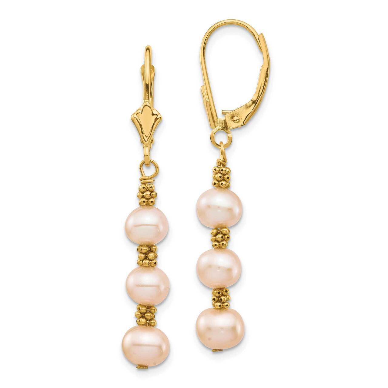5-6mm Pink Semi-round Freshwater Culutured Pearl Leverback Earrings 14k Gold XF719E