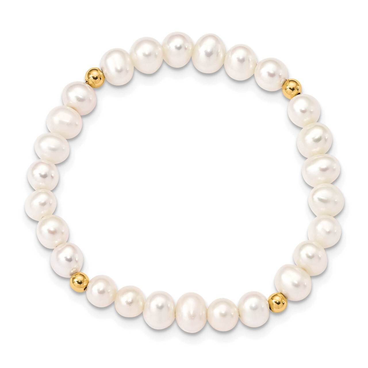 4-5mm White Egg Shape Freshwater Cultured Pearl & Beads Stretch Bracelet 14k Gold XF729