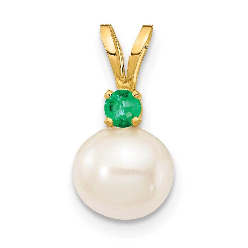 6-7mm White Round Freshwater Cultured Pearl Emerald Pendants 14k Gold XF741_E