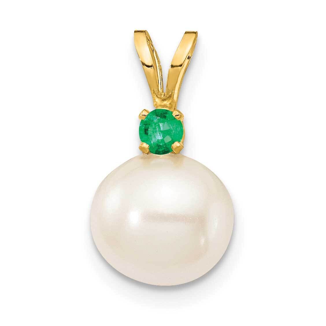 Emerald 8-8.5mm White Round Freshwater Cultured Pearl Pendant 14k Gold XF742_E